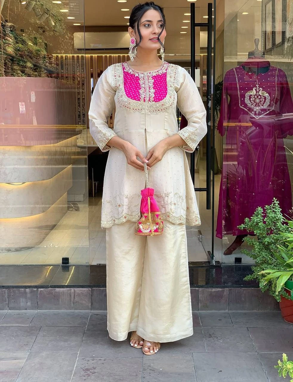 Women's Chinon Silk Kurti Beige – Embroidered