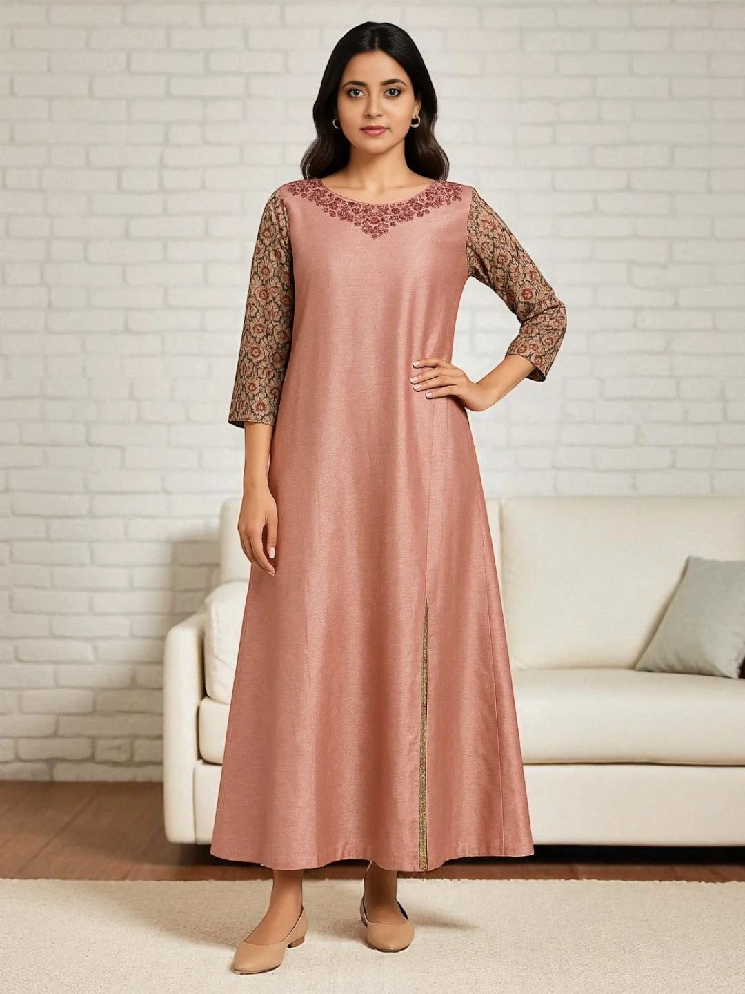 Women's Silk Cotton Kurta Pink – Embellished