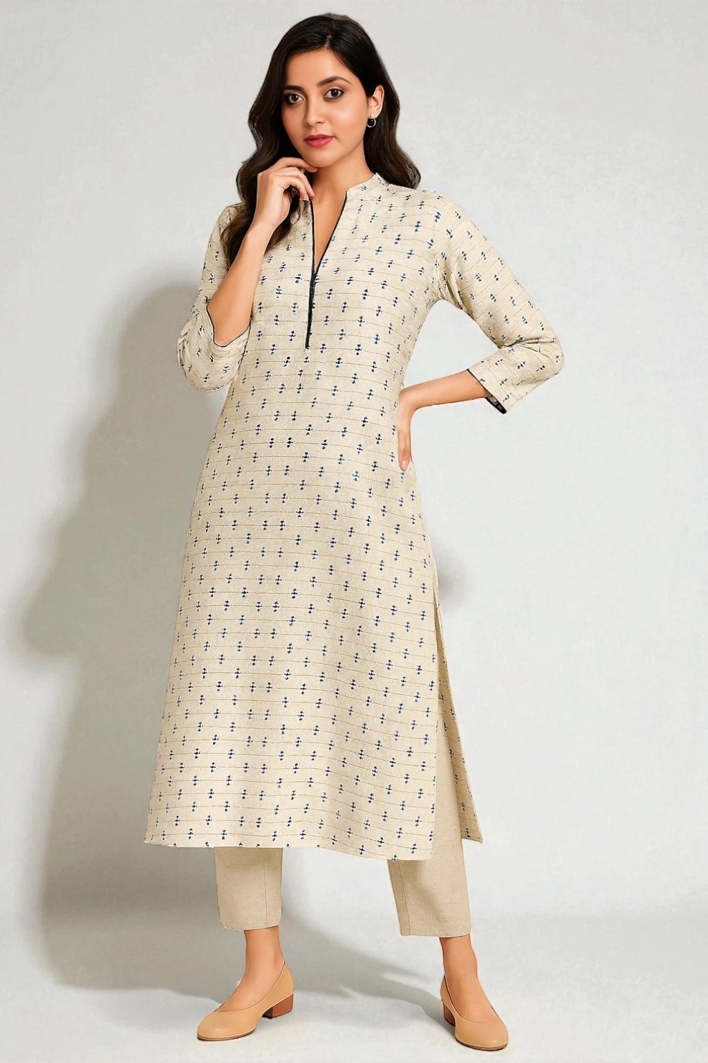 Women's Linen Kurta Off-White – Floral Print