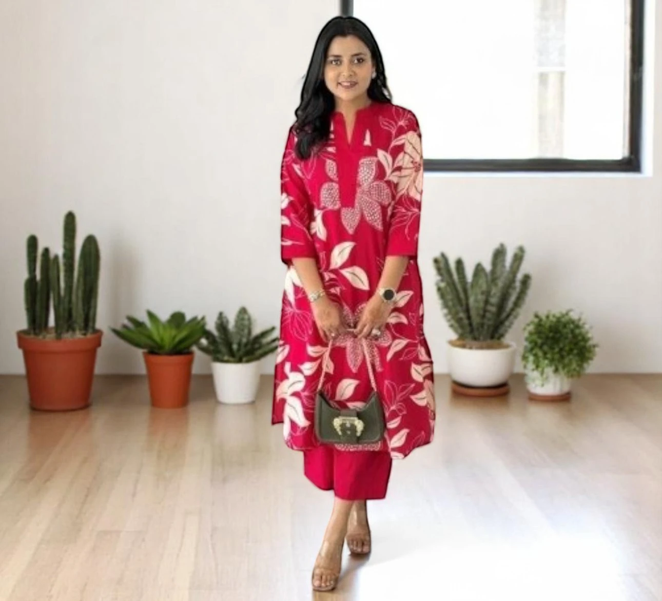 Women's Cotton Kurta Set Red – Floral Print