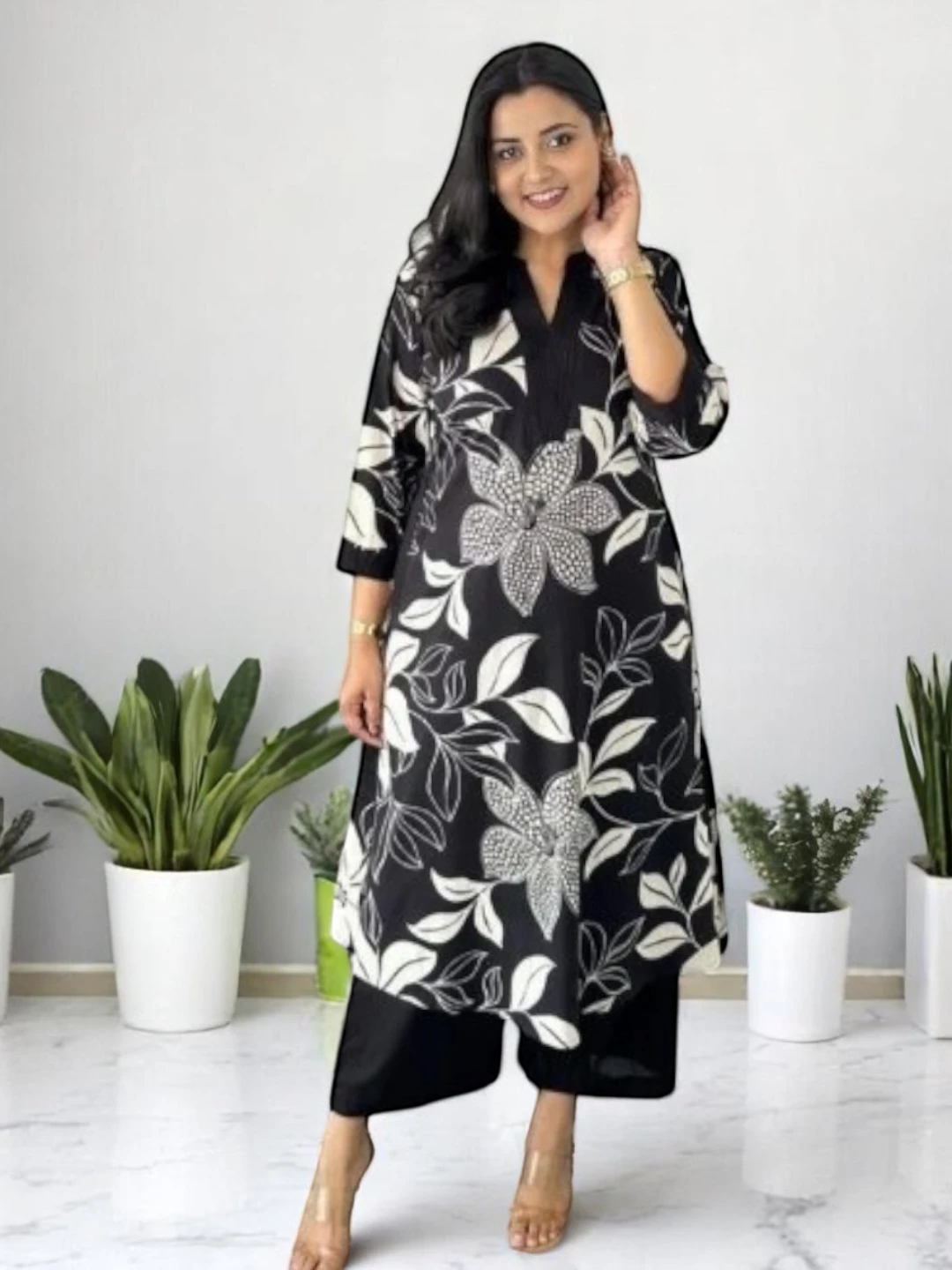 Women's Cotton Kurta Set Black – Floral Print