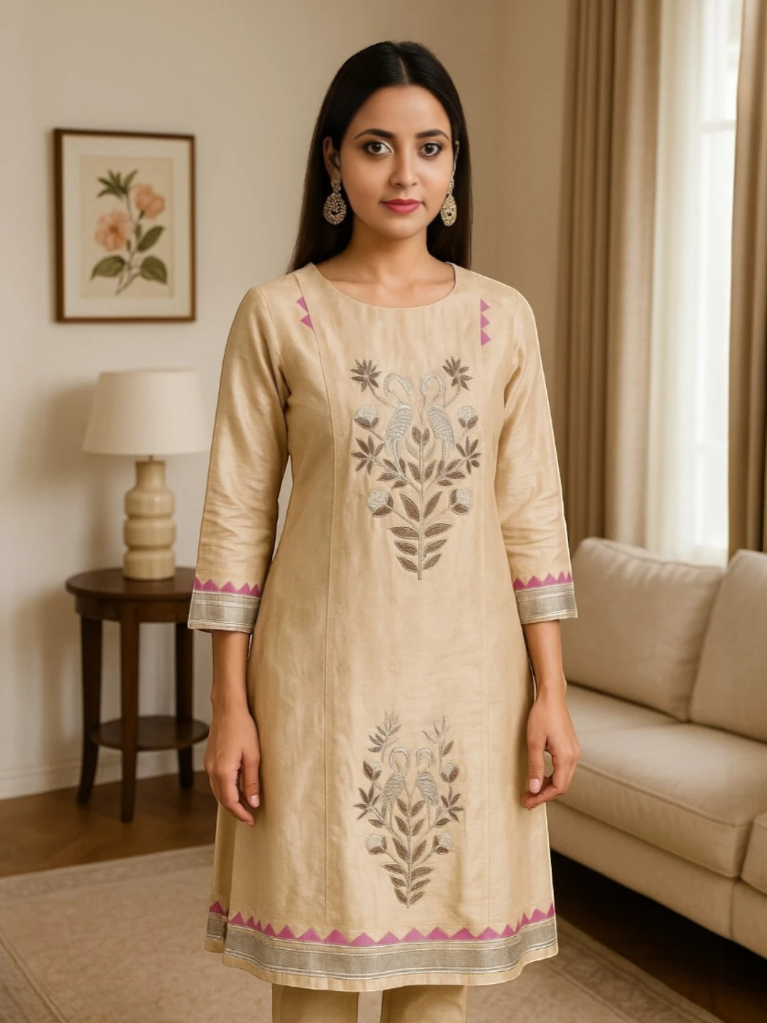Women's Silk Kurta Metallic Golden – Embroidered