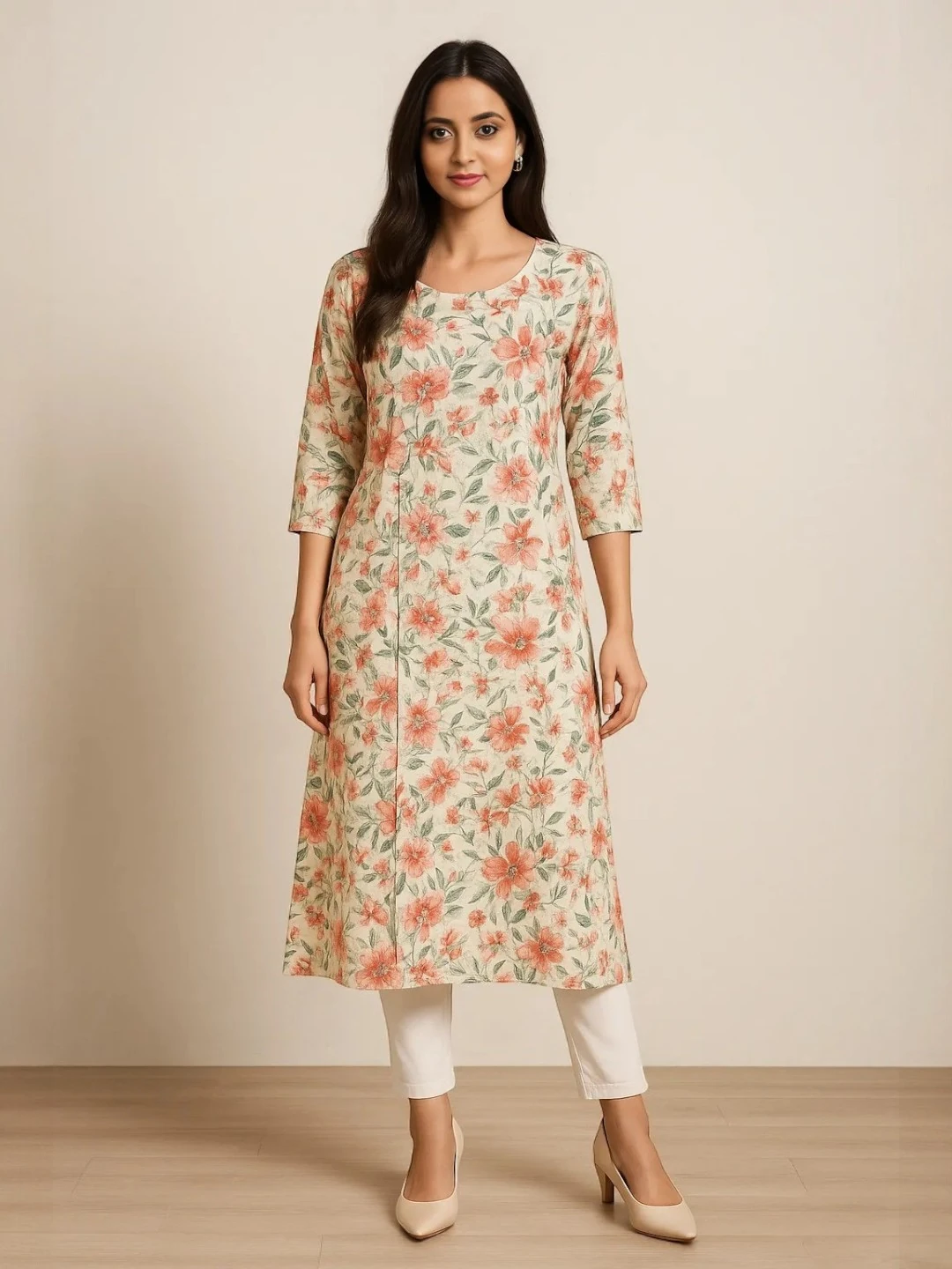 Women's Cotton Kurta Off-White – Floral Print