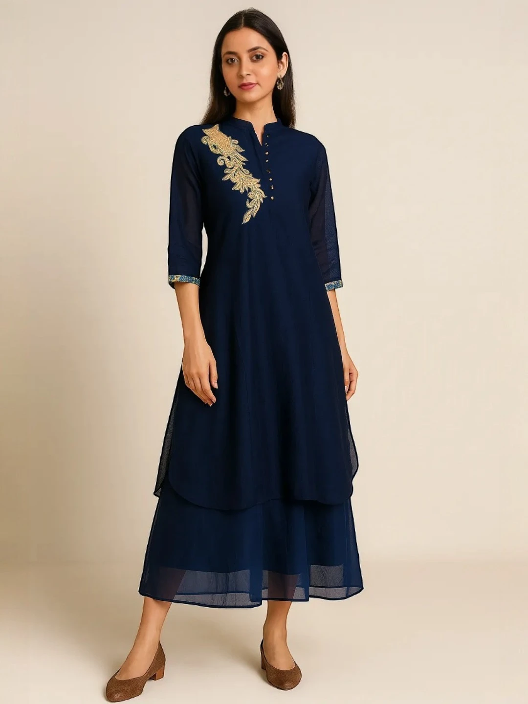 Women's Silk Gown Blue – Embroidered