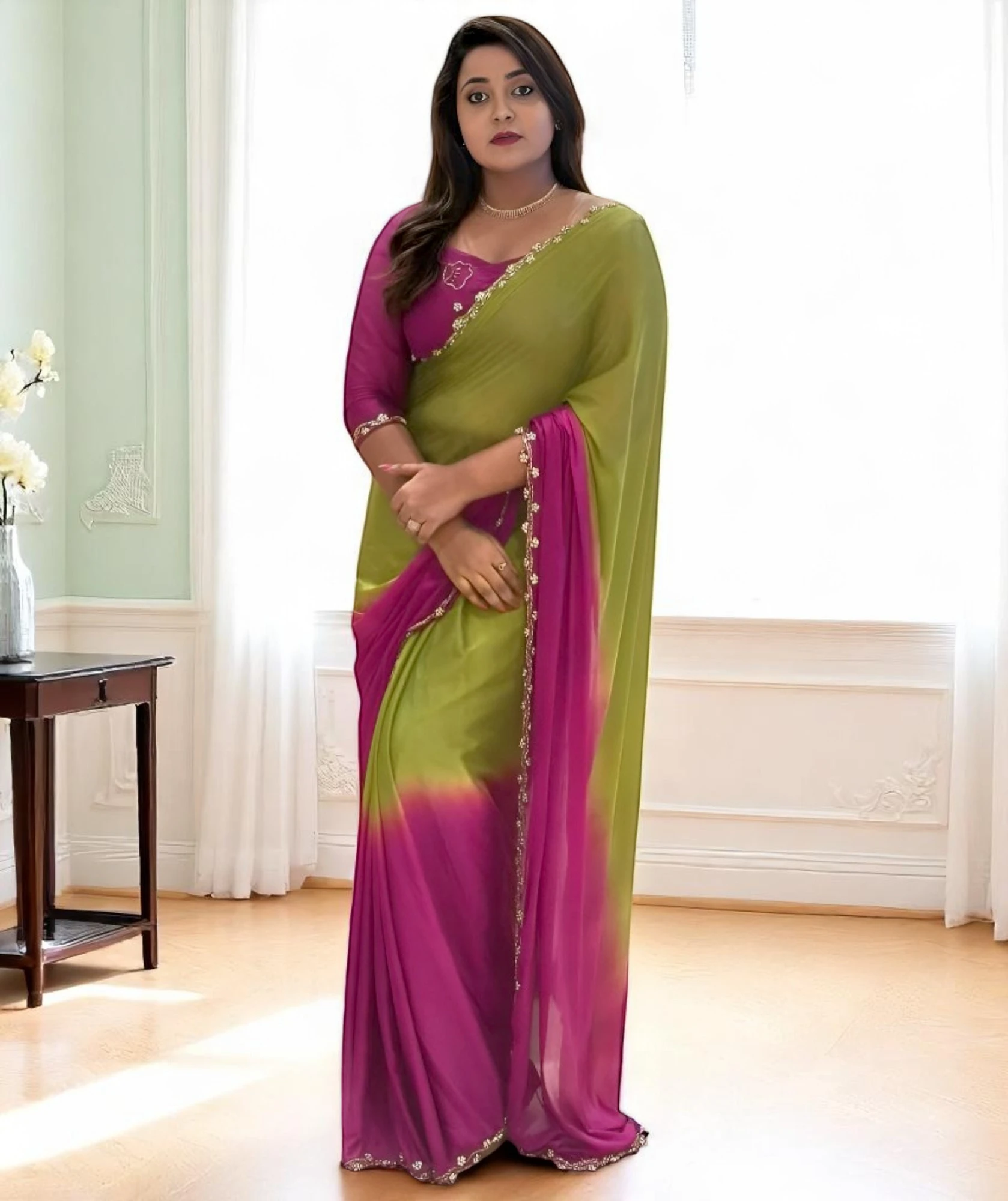 Women's Chinon Silk Saree Pink & Green – Pearl