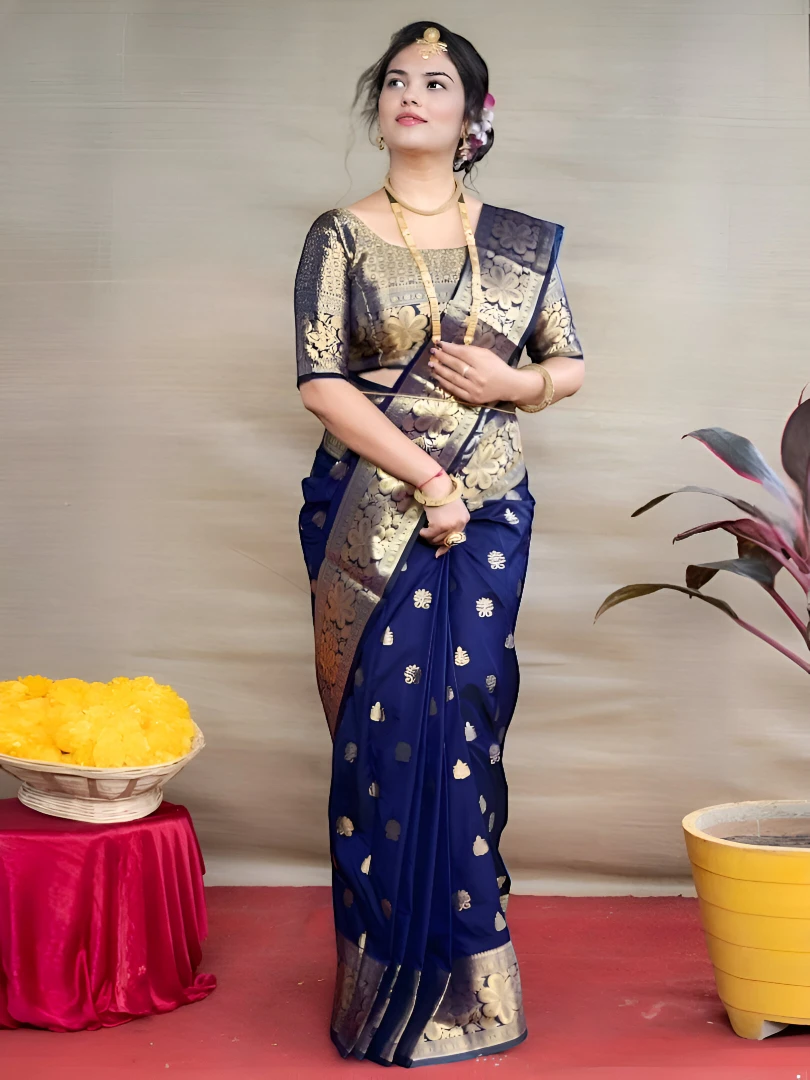 Women's Silk Saree Navy Blue – Floral Print