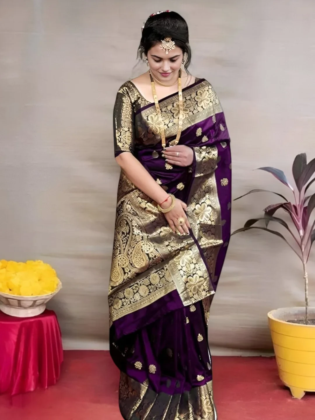 Women's Silk Saree Purple – Floral Print