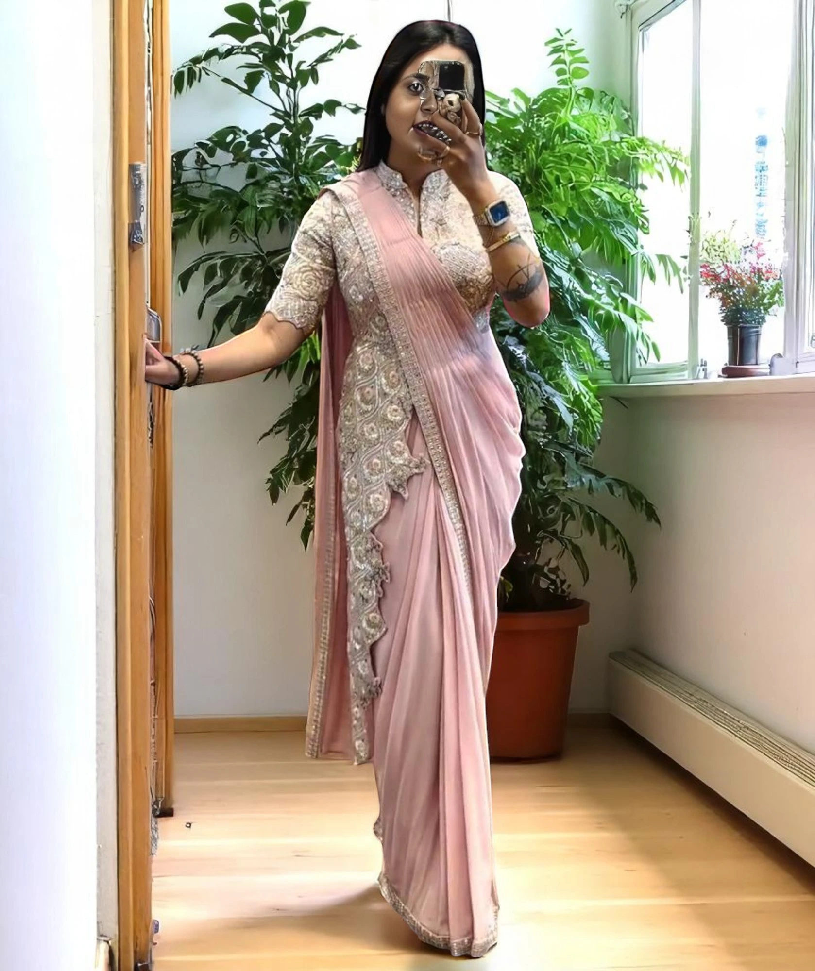 Women's Chinon Silk Saree Pink – Embroidered