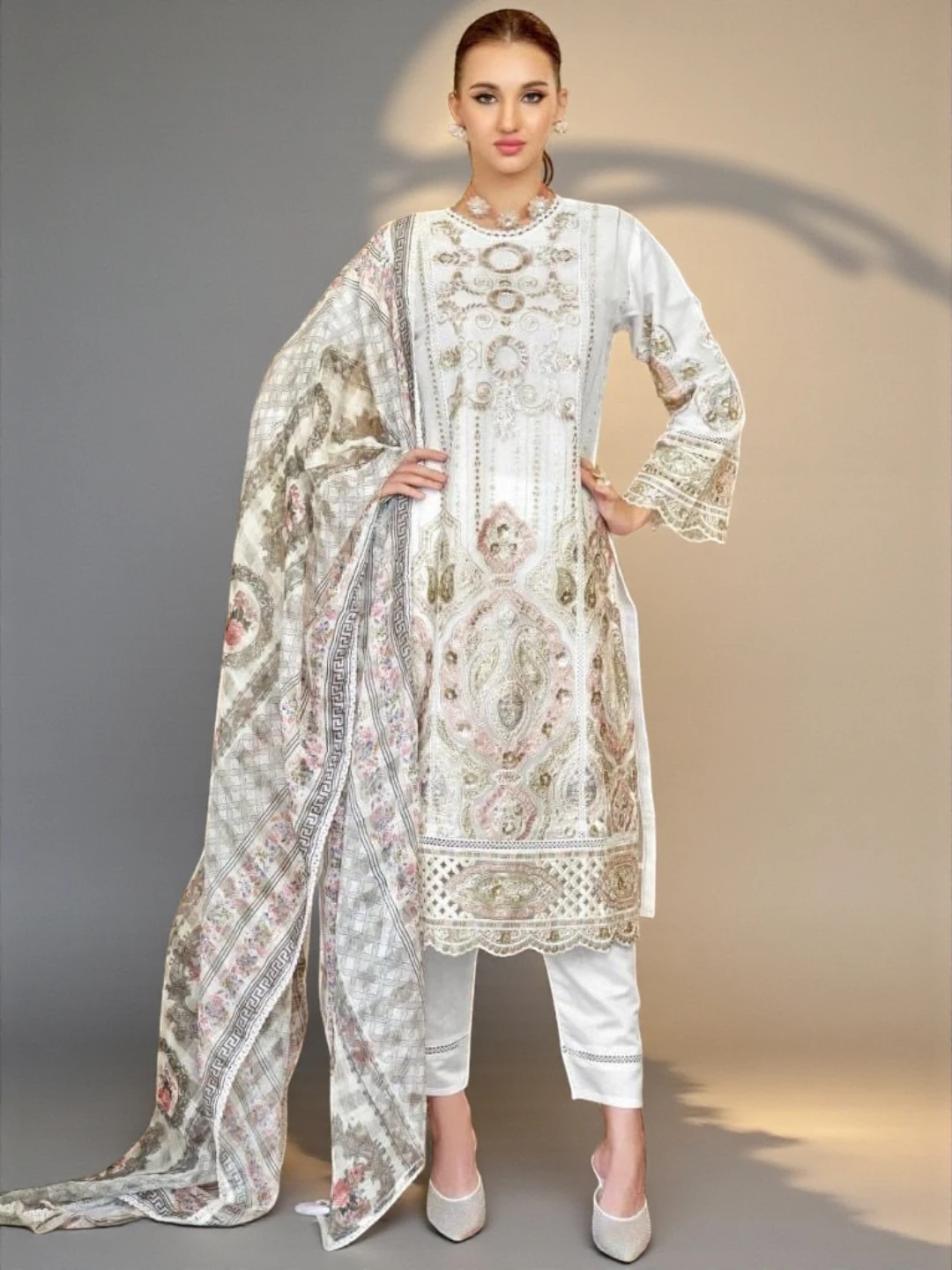 Women's Dress Material Off-White – Embroidered