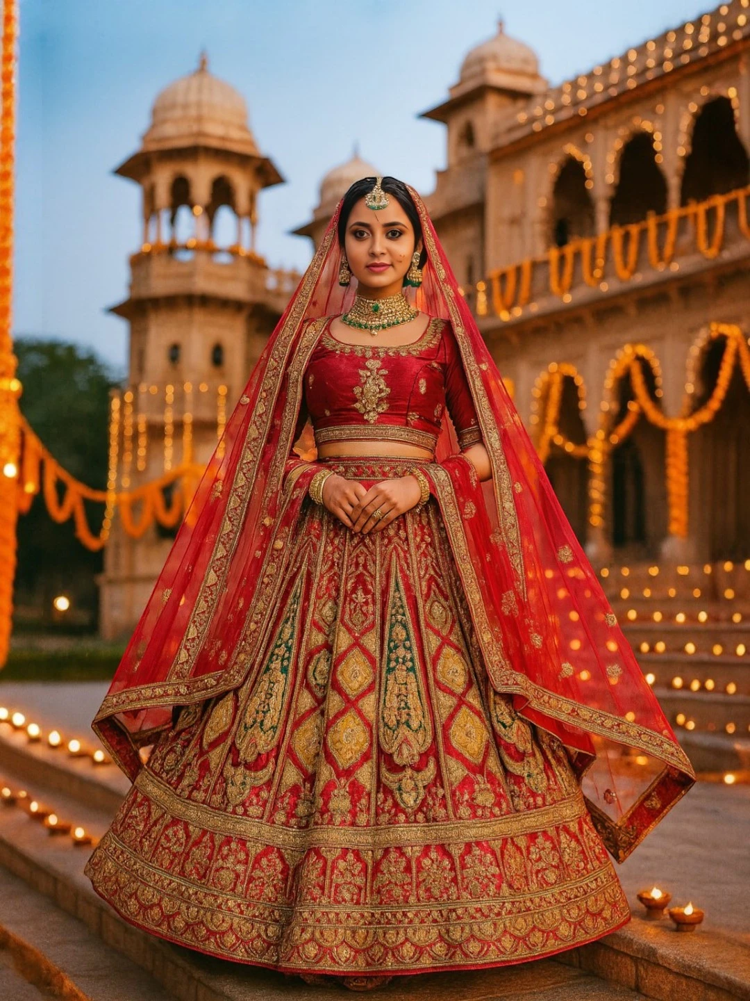 Women's Velvet Lehenga Choli Red – Embroidered