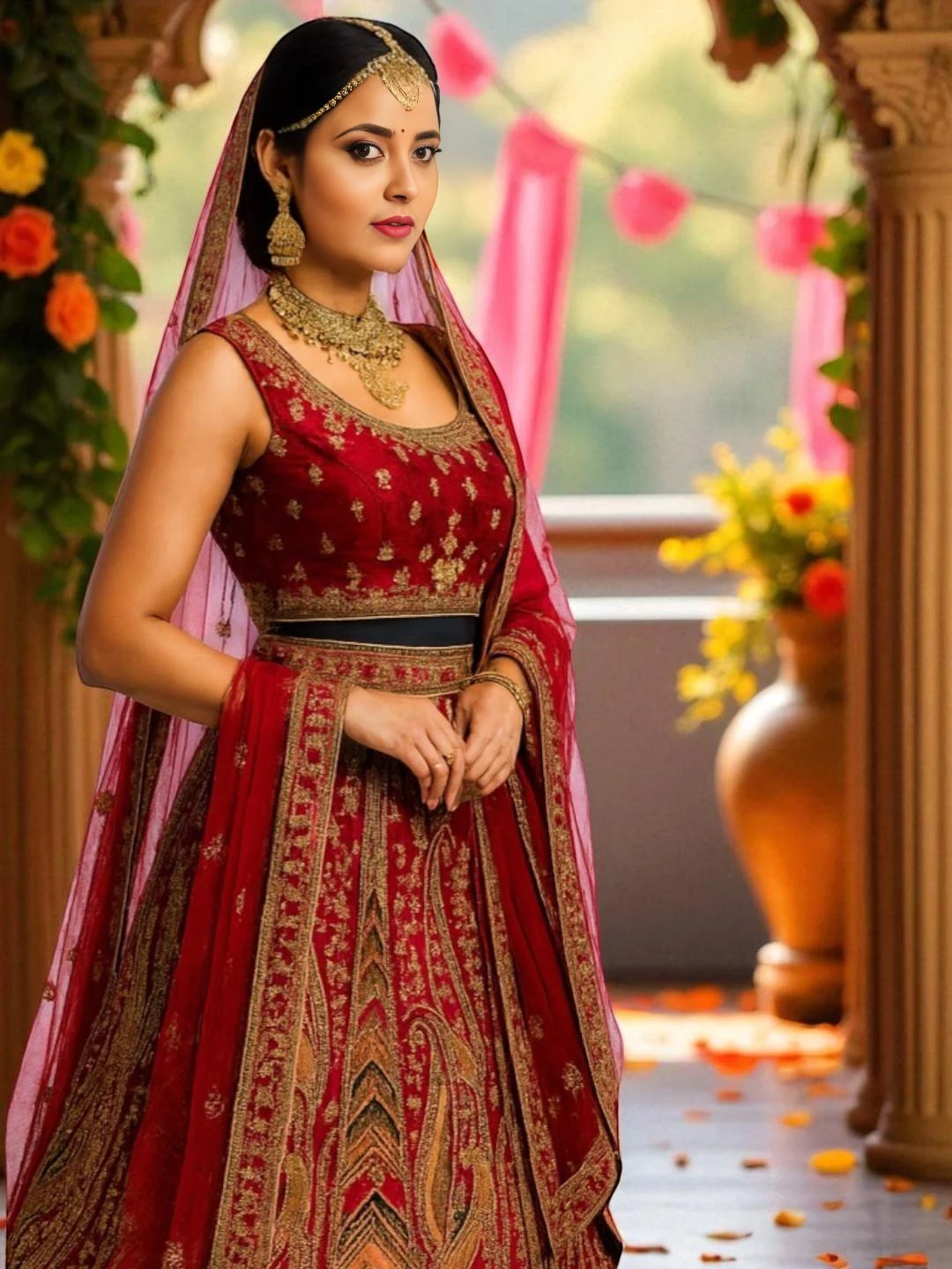 Women's Velvet Lehenga Choli Red – Embroidered