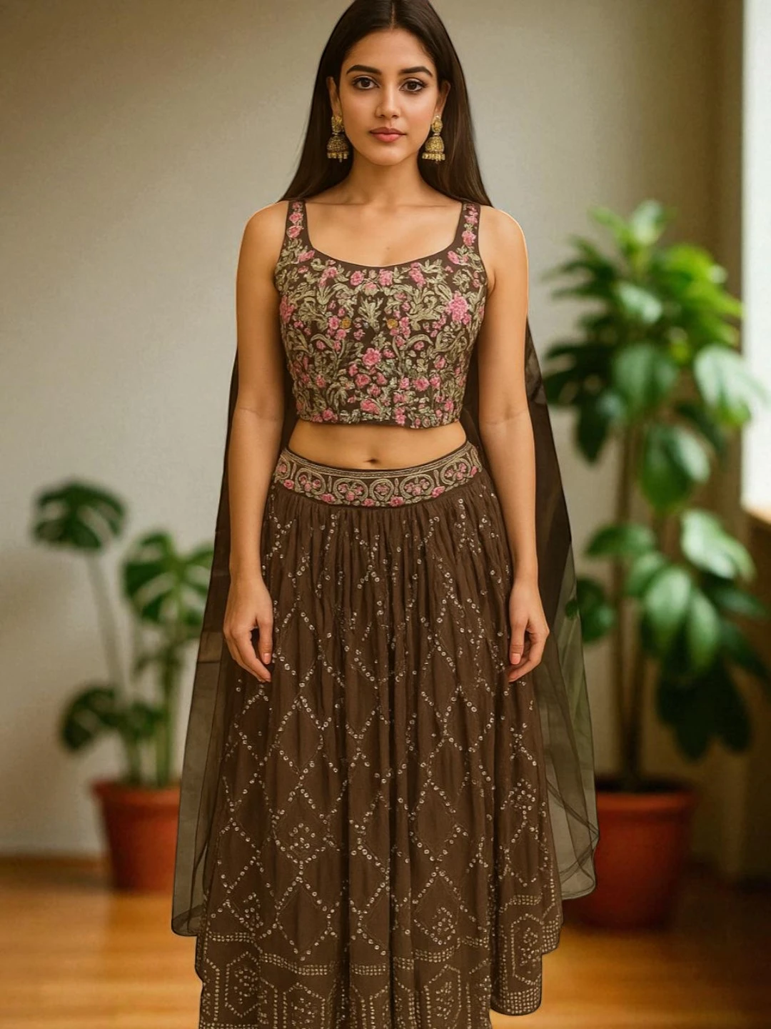 Women's Chiffon Lehenga Choli Brown – Embellished