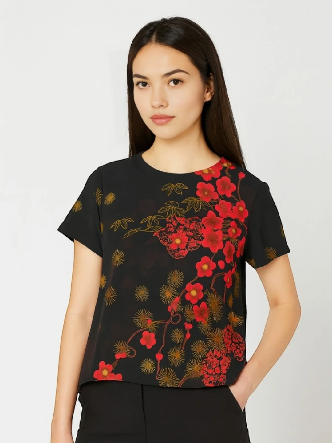 Women's Georgette Top Black – Floral Print
