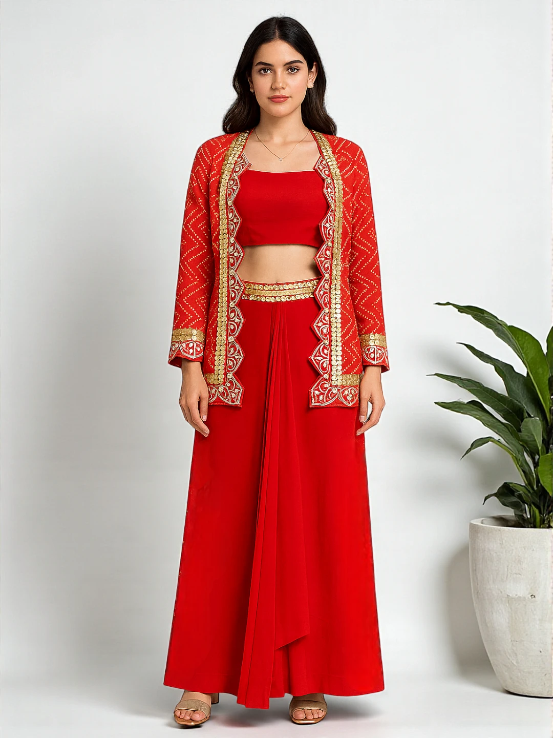 Women's Crepe Indo-Western Outfit Red – Ready to Wear