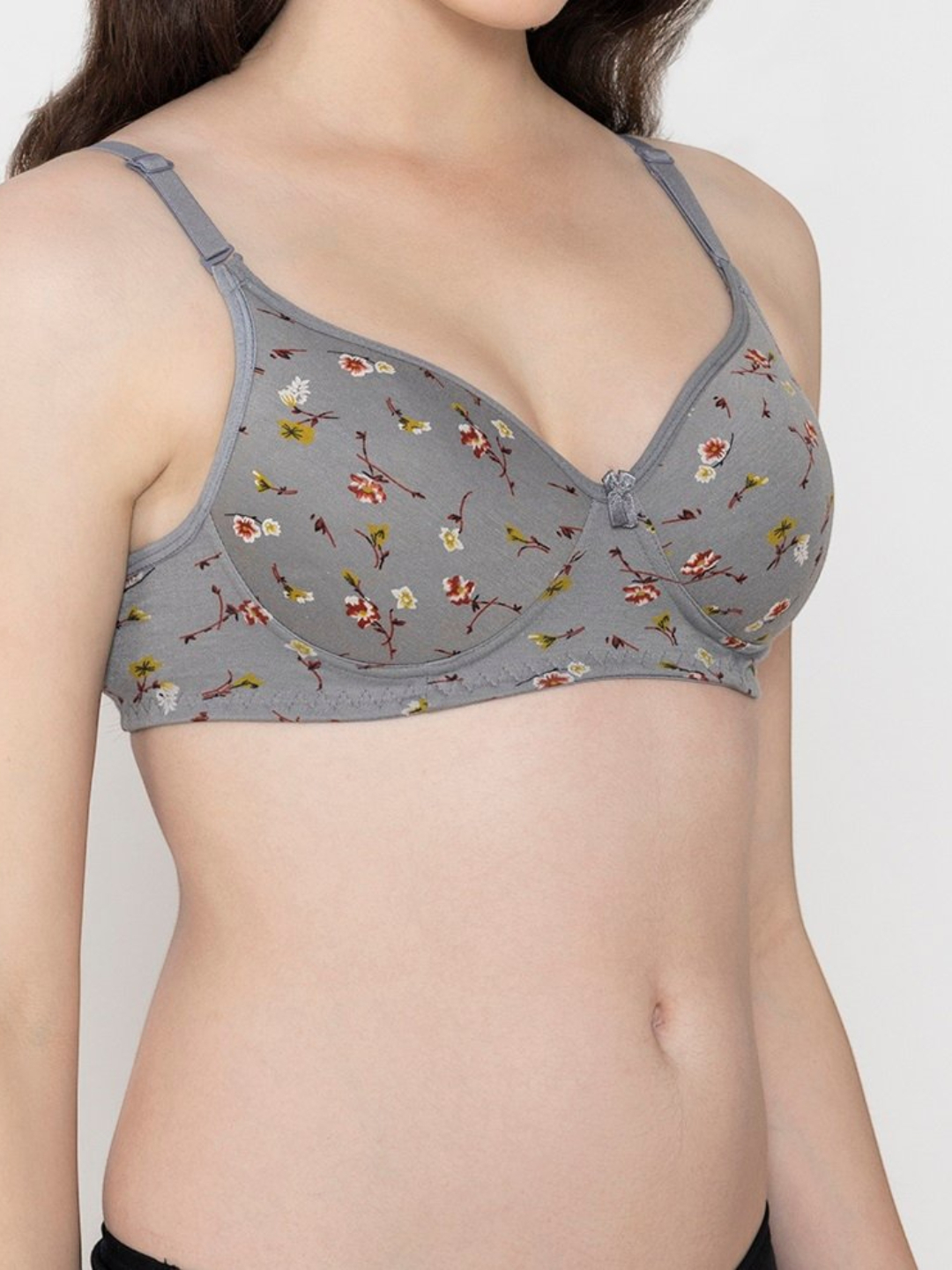 Flower Pattern Padded Full Coverage Comfort Bra Grey