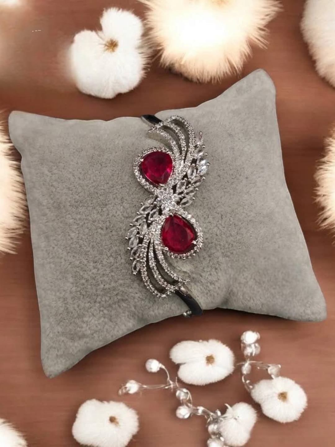 Red Silver-Plated Ad Princess Cut Kada Bracelet