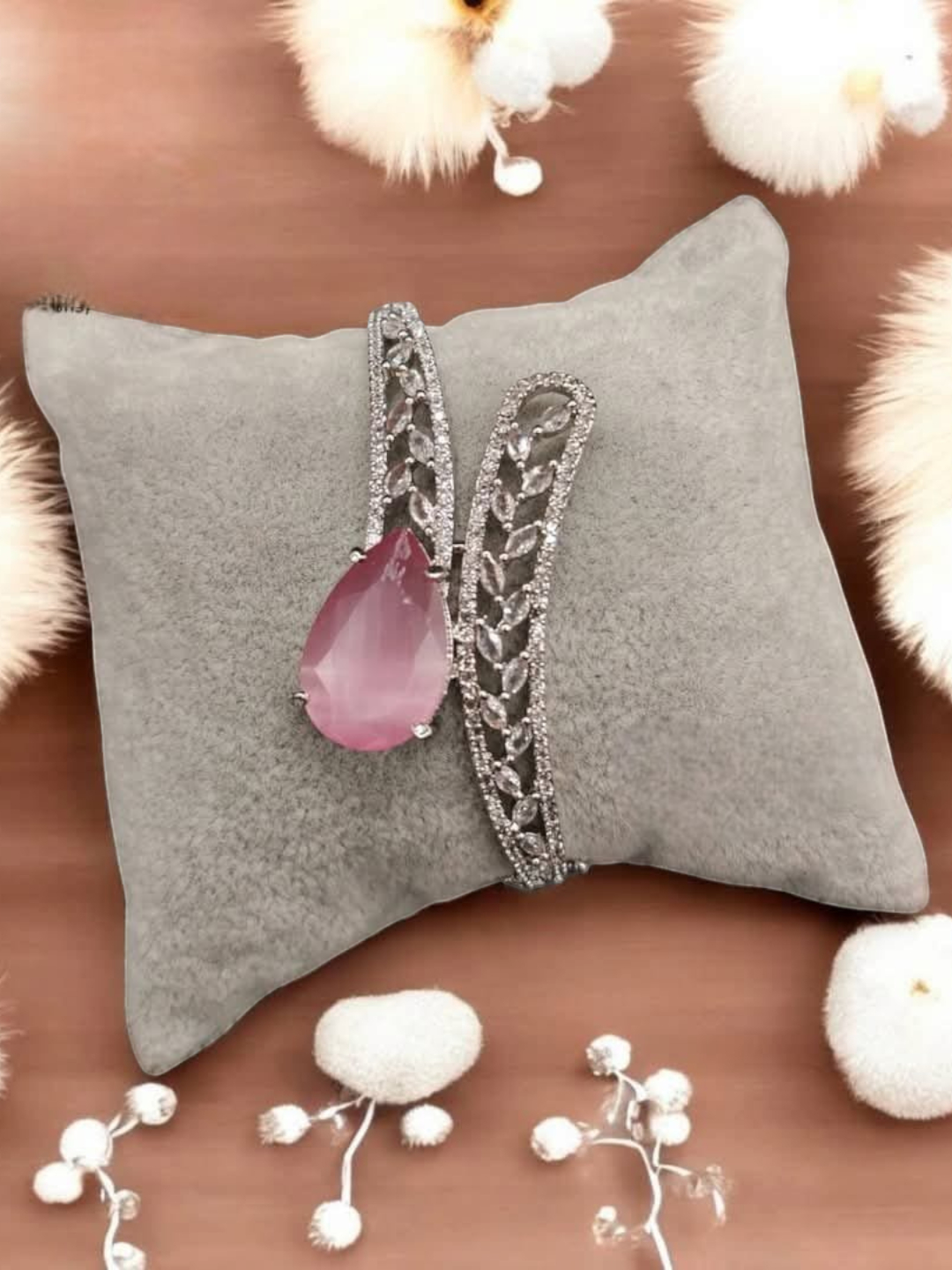 Pink Silver-Plated Ad Princess Cut Kada Bracelet