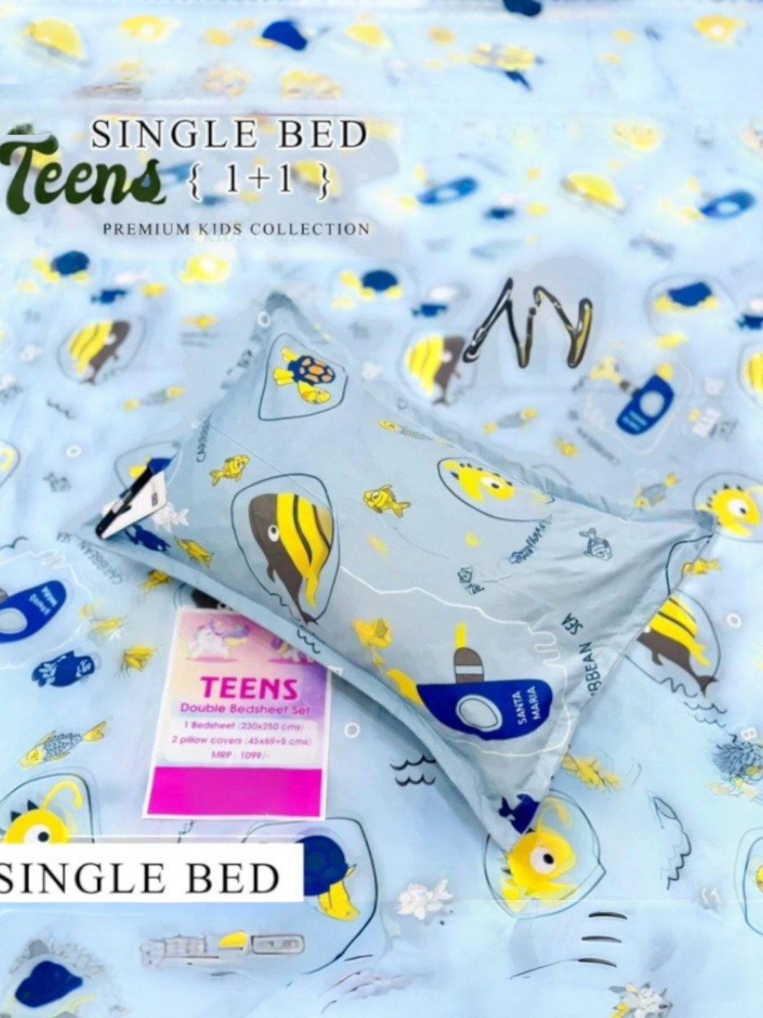 Blue Cartoon Single Bedsheet and Pillow Cover Set