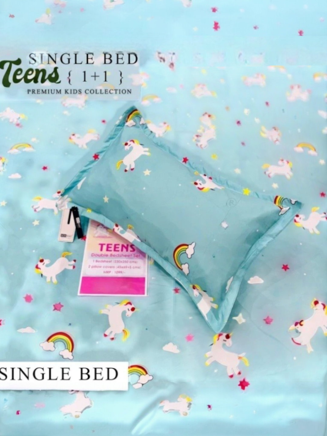 Blue Cartoon Print Single Bed Bedsheet Set with Pillow Cover
