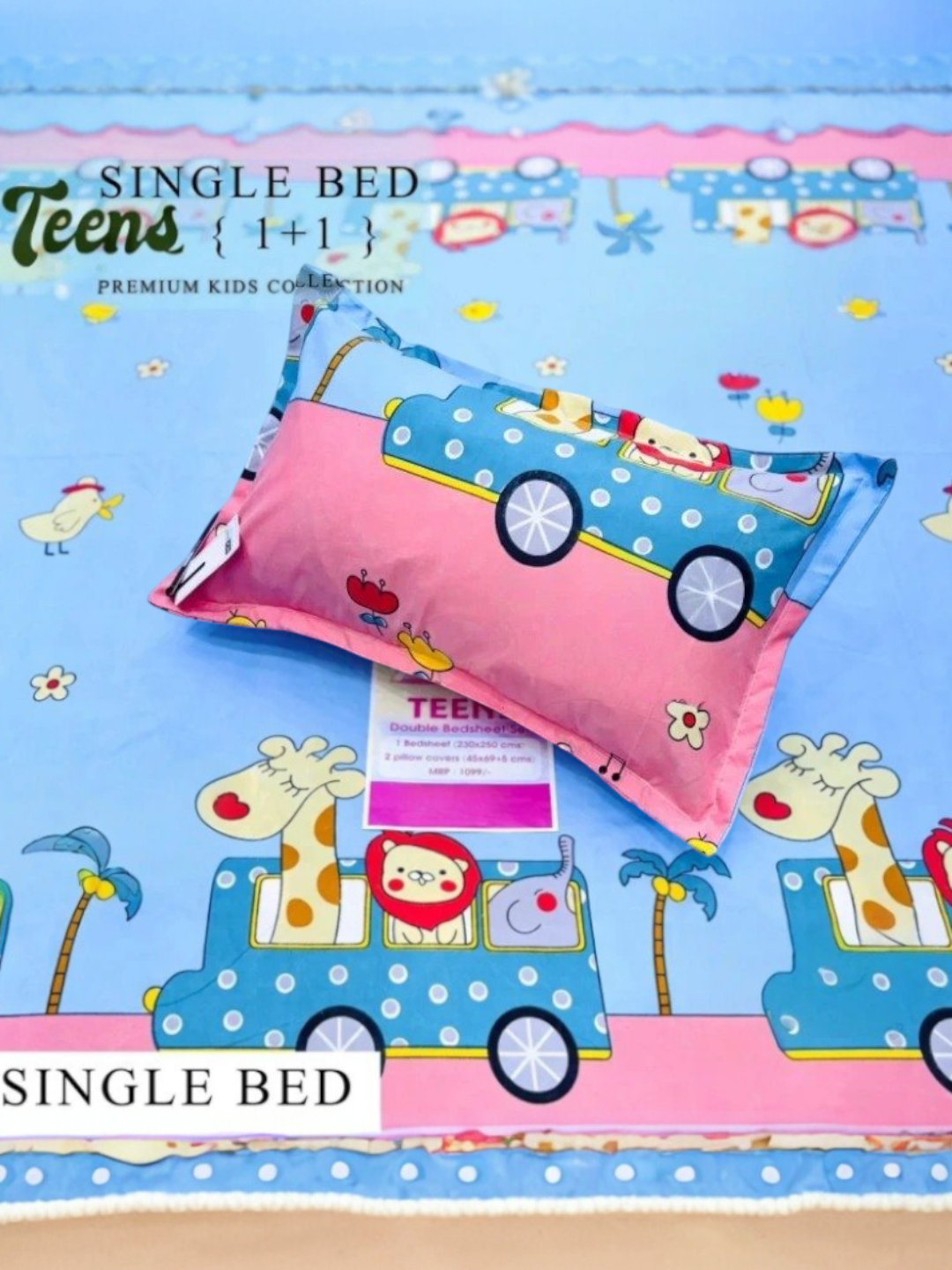 Blue Teen Cartoon Single Bed Bedsheet Set with Pillow Cover
