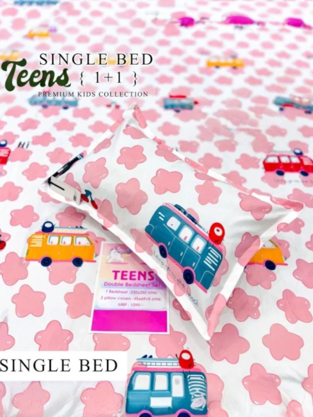 Pink Cartoon Single Bed Bedsheet Set with Pillow Cover