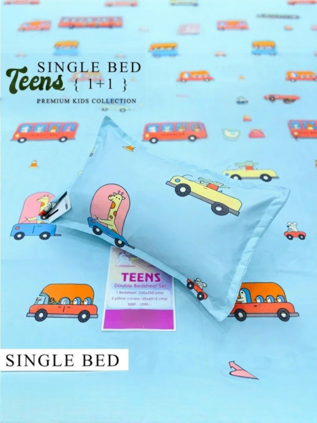 Blue Cartoon Single Bed Bedsheet Set with Pillow Cover