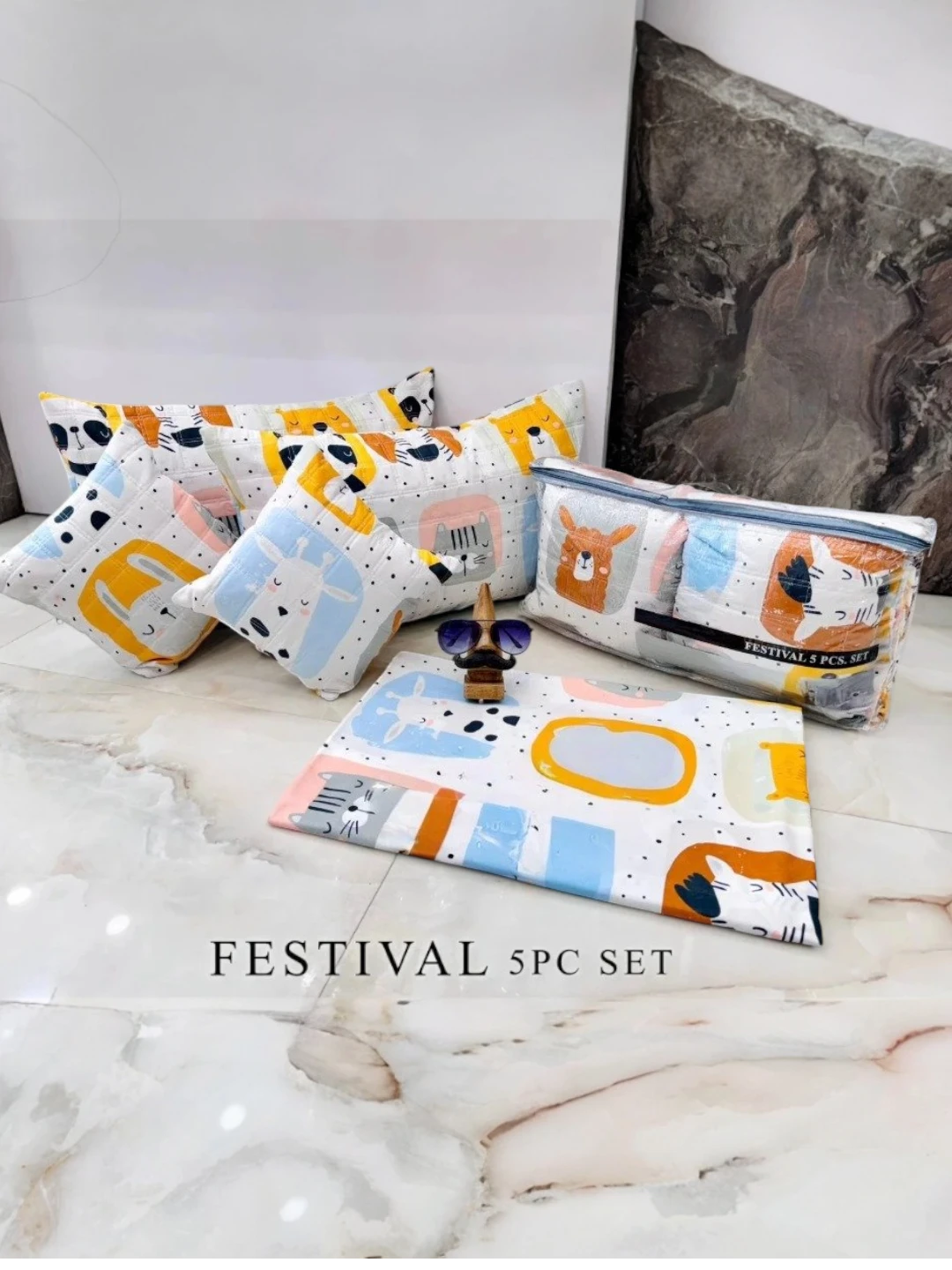 Yellow Blue White Animal Print 5 Piece King Bedding Set
