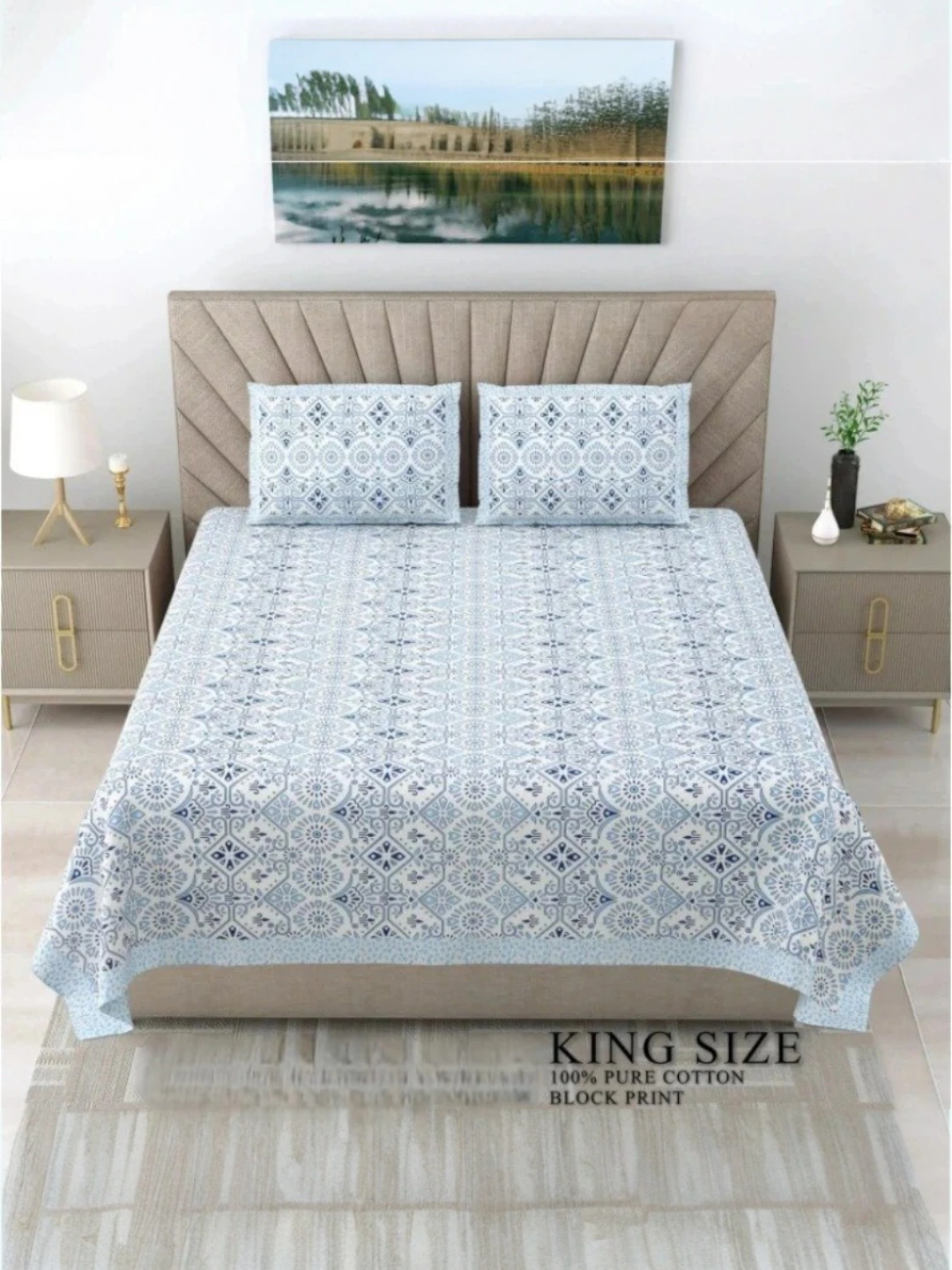 Samraat Block Print King Size Bedsheet Set Blue