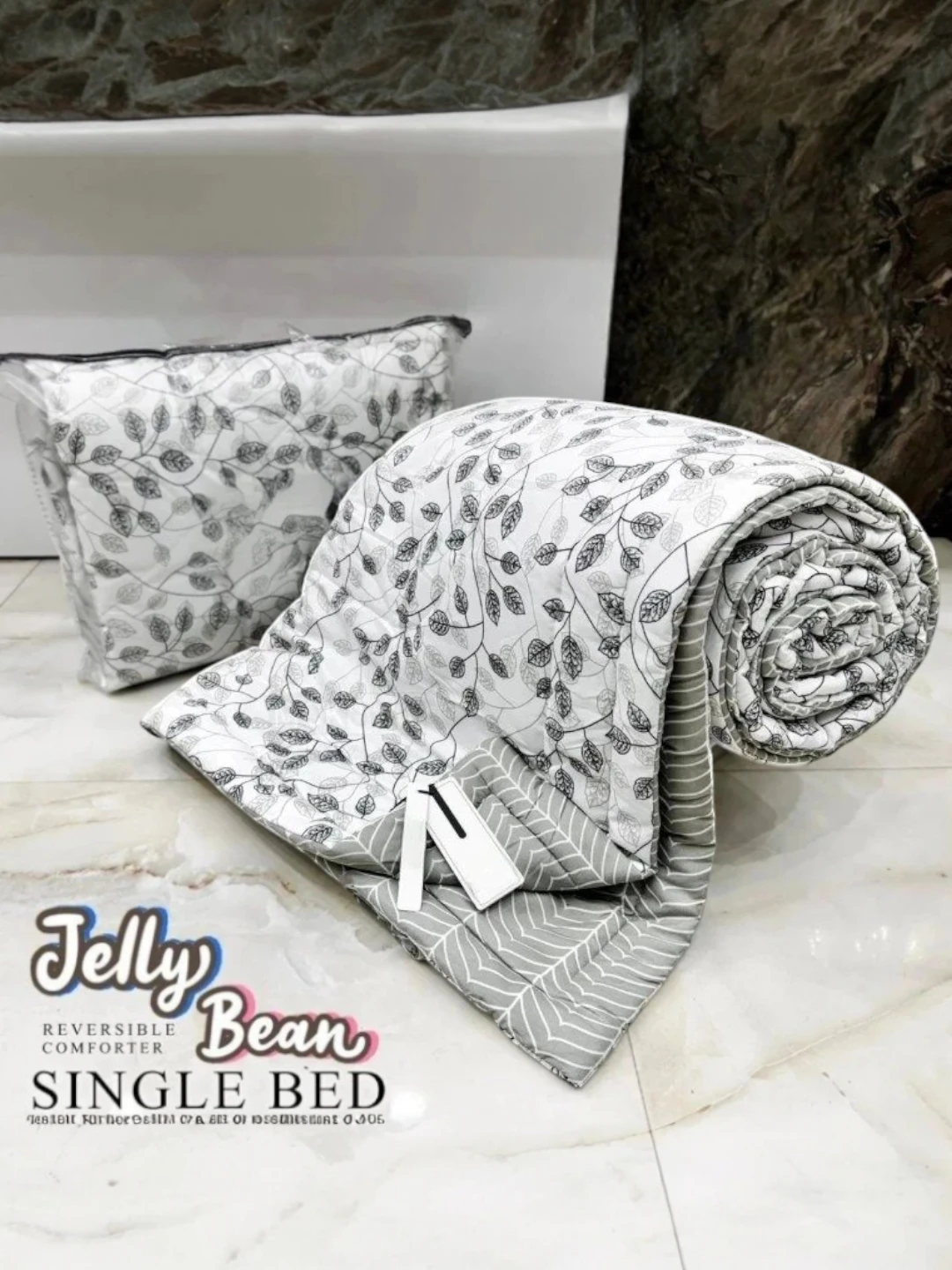 Gray Off-White Leaf Print Single Bed Ac Comforter Grey