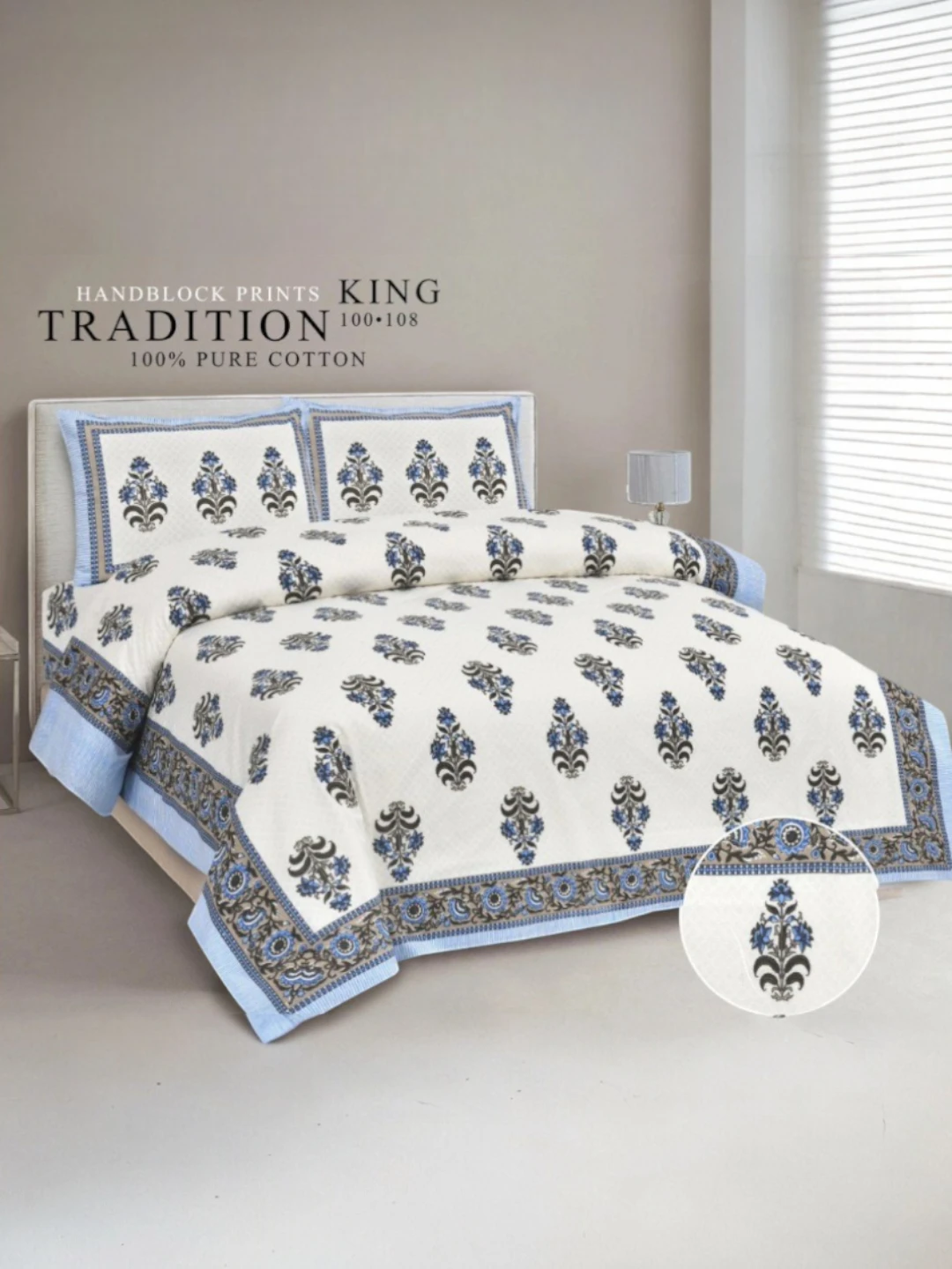 Handblock Print Pure Cotton 108 X 108 King Bedsheet Set Design 53 Blue