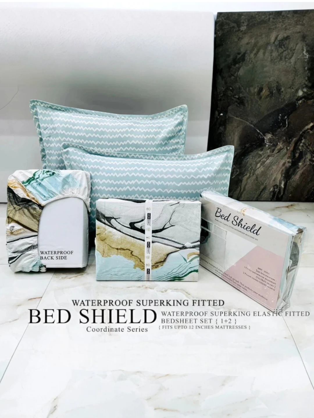 Green Marble Waterproof Super King Fitted Bedsheet Set with Pillow Covers