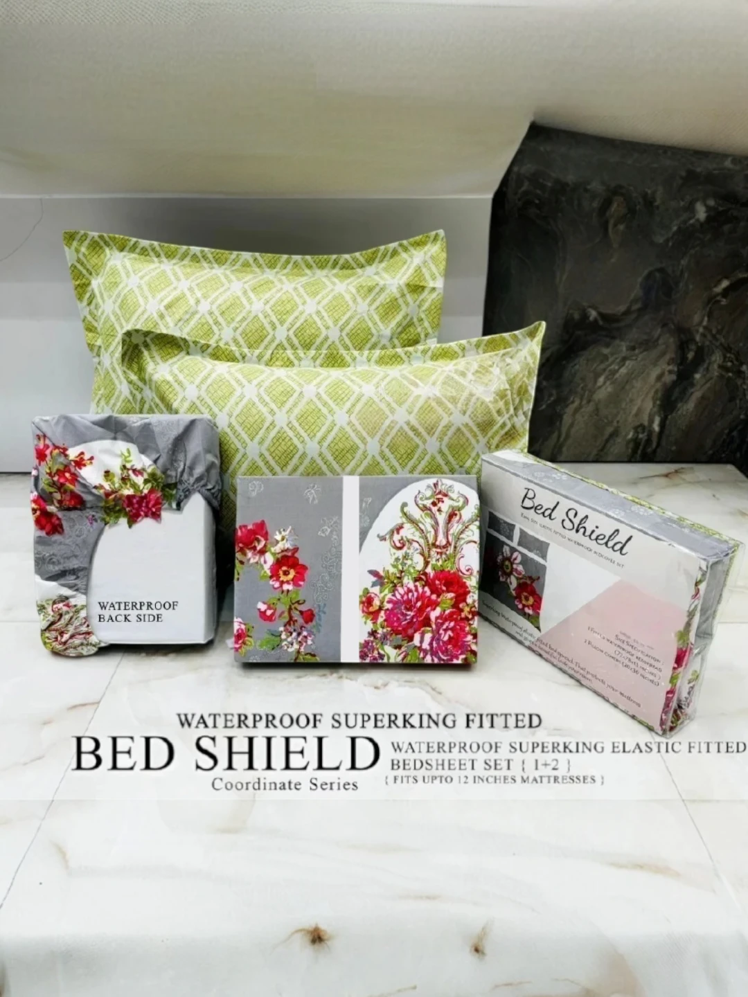 Green Waterproof Super King Fitted Bedsheet Set with Pillow Covers