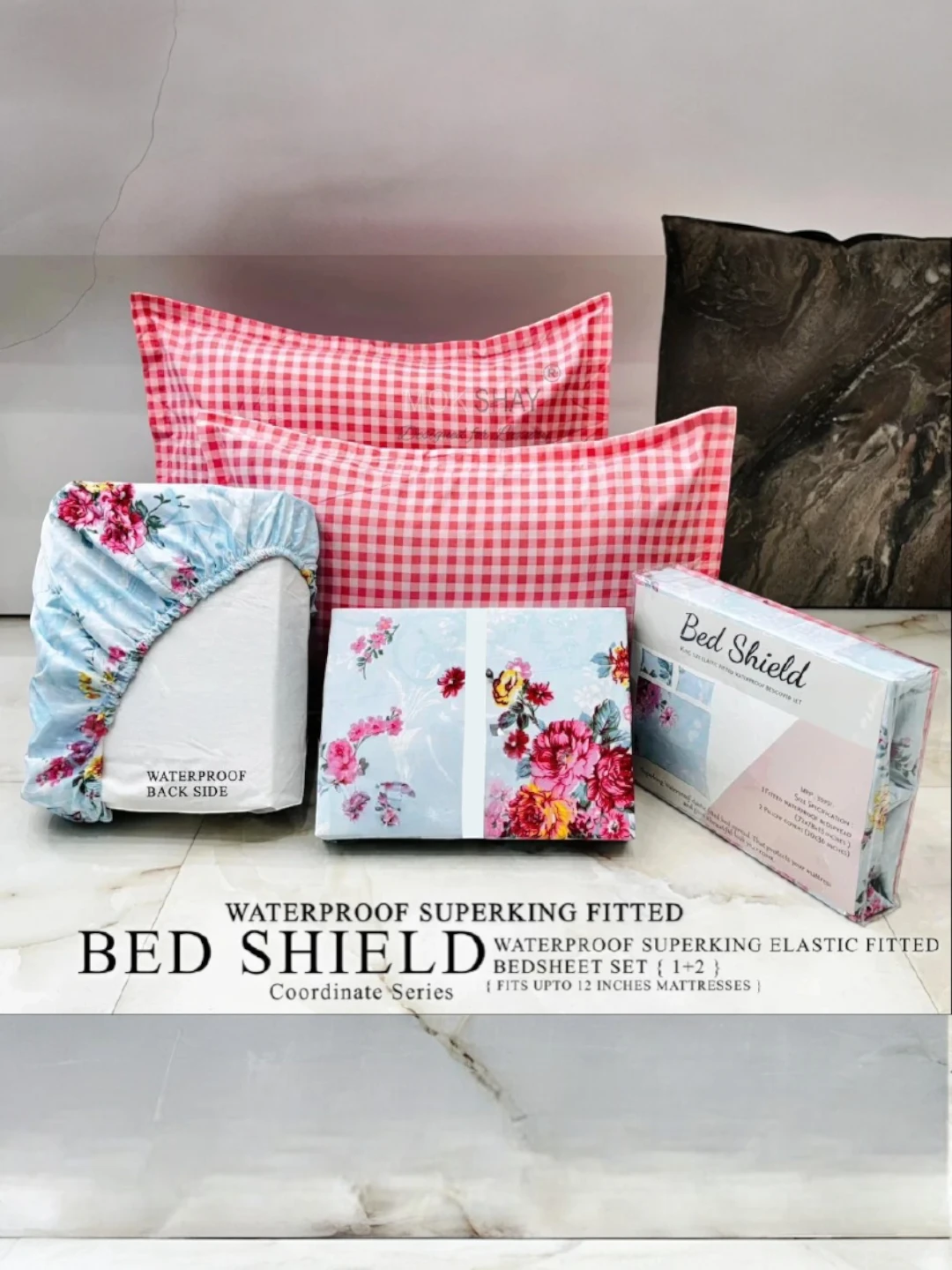 Blue Waterproof Super King Fitted Bedsheet Set with Pillow Covers