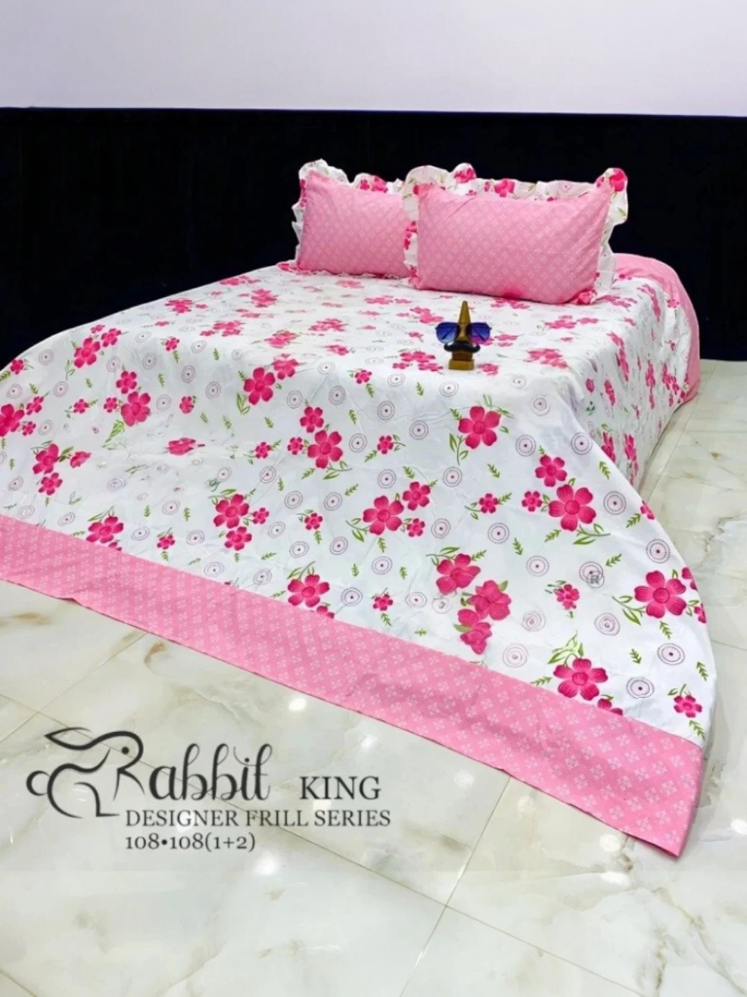 Pink Leaf Frill Super King Bedsheet Set with Pillow Covers