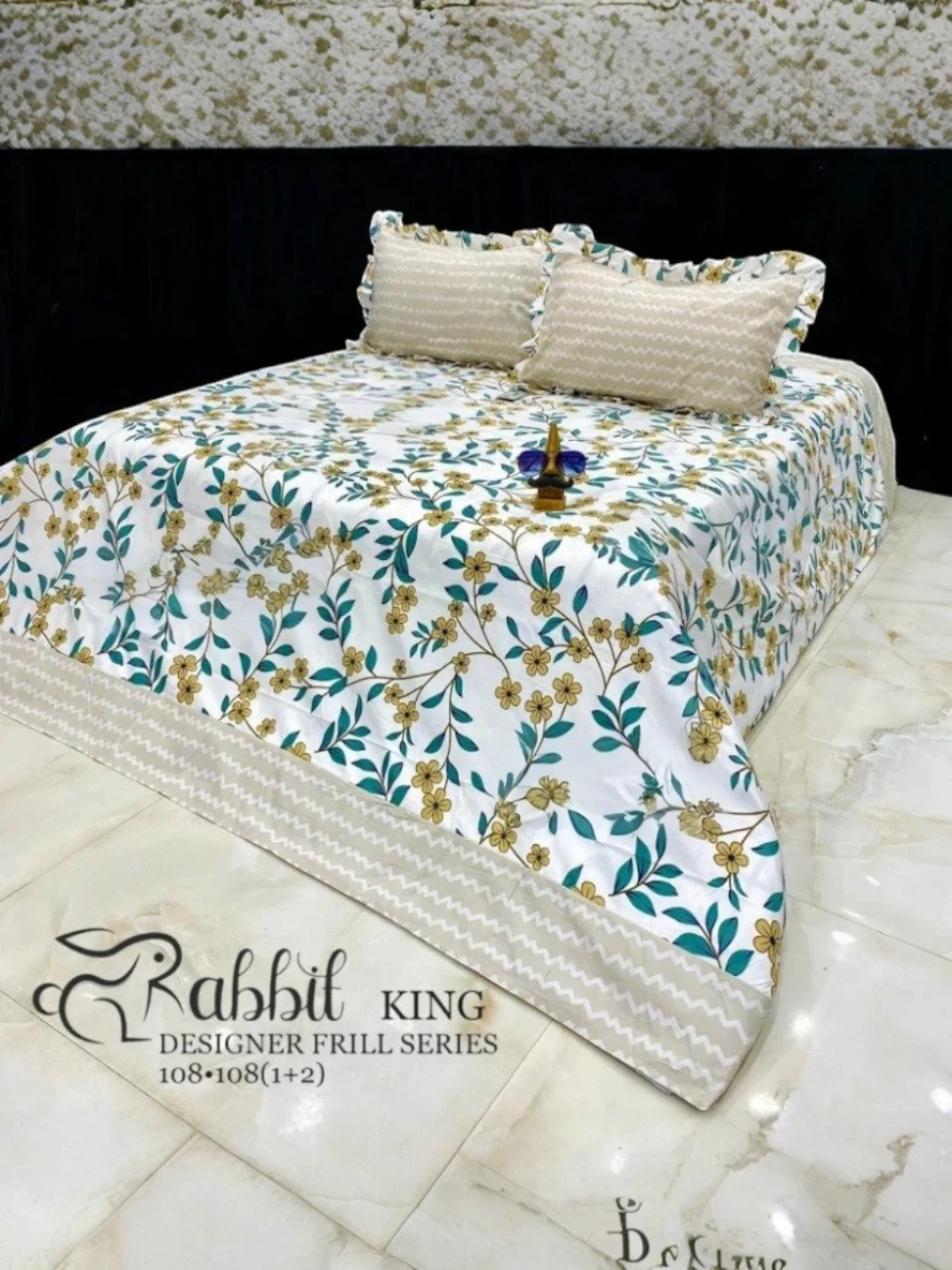 Beige Leaf Frill Super King Bedsheet Set with Pillow Covers