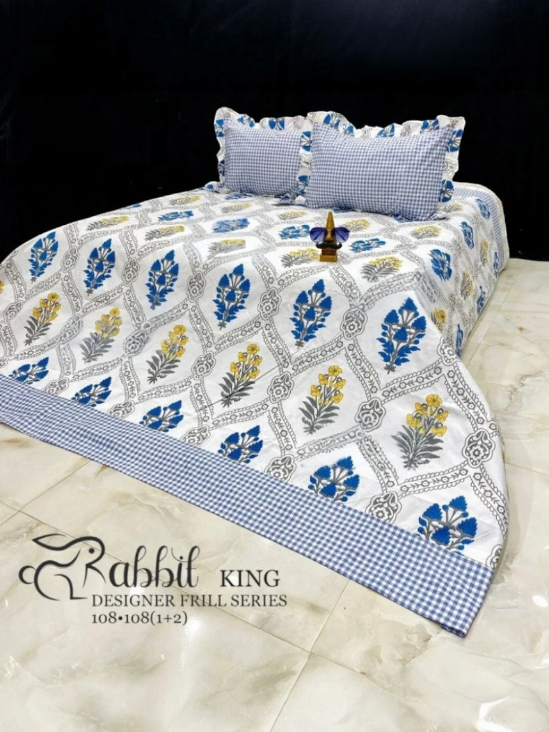 Indigo Leaf Frill Super King Bedsheet Set with Pillow Covers