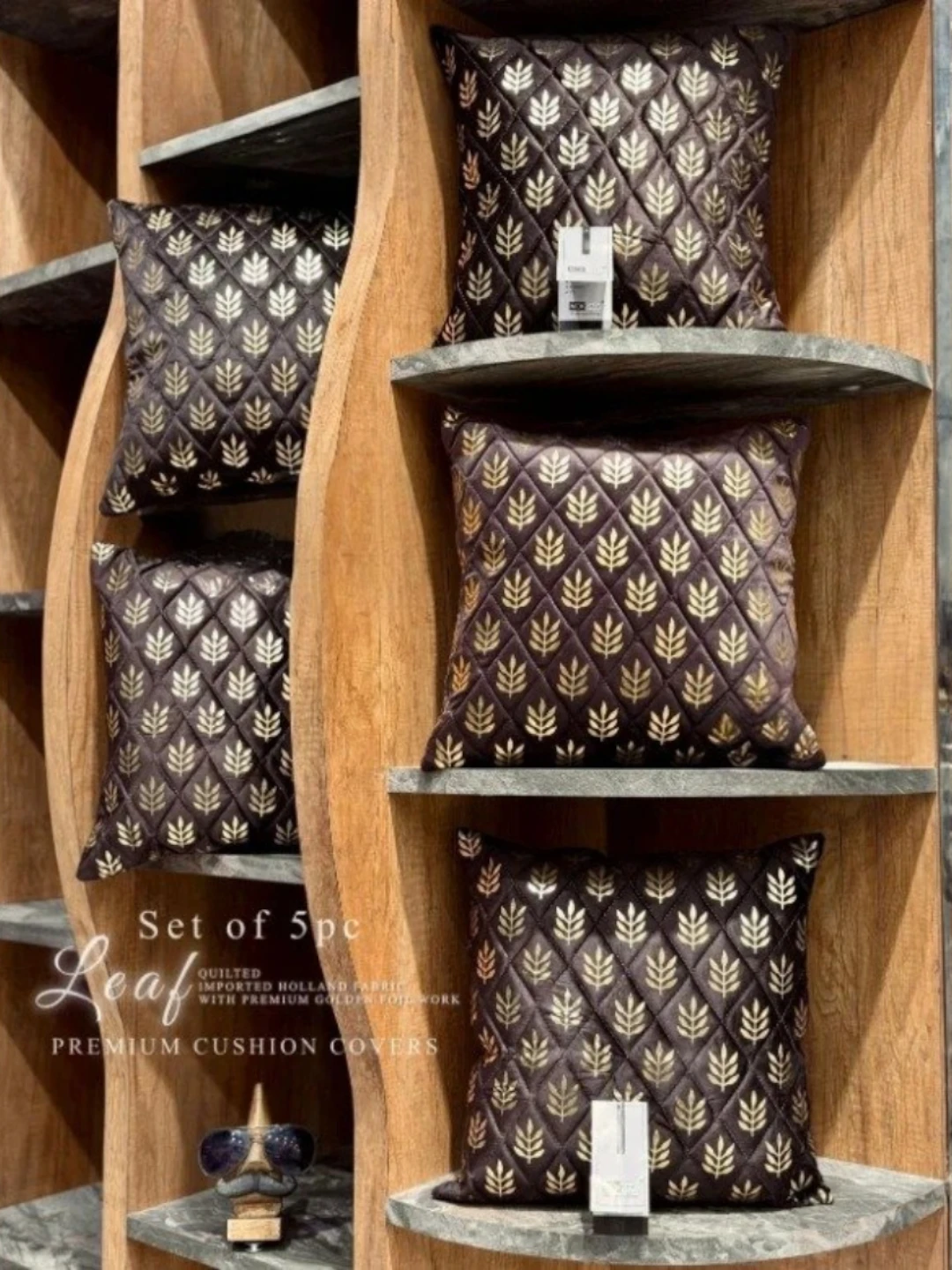 Brown Gold Leaf Foil Quilted Cushion Covers Set of 5 Dark Brown