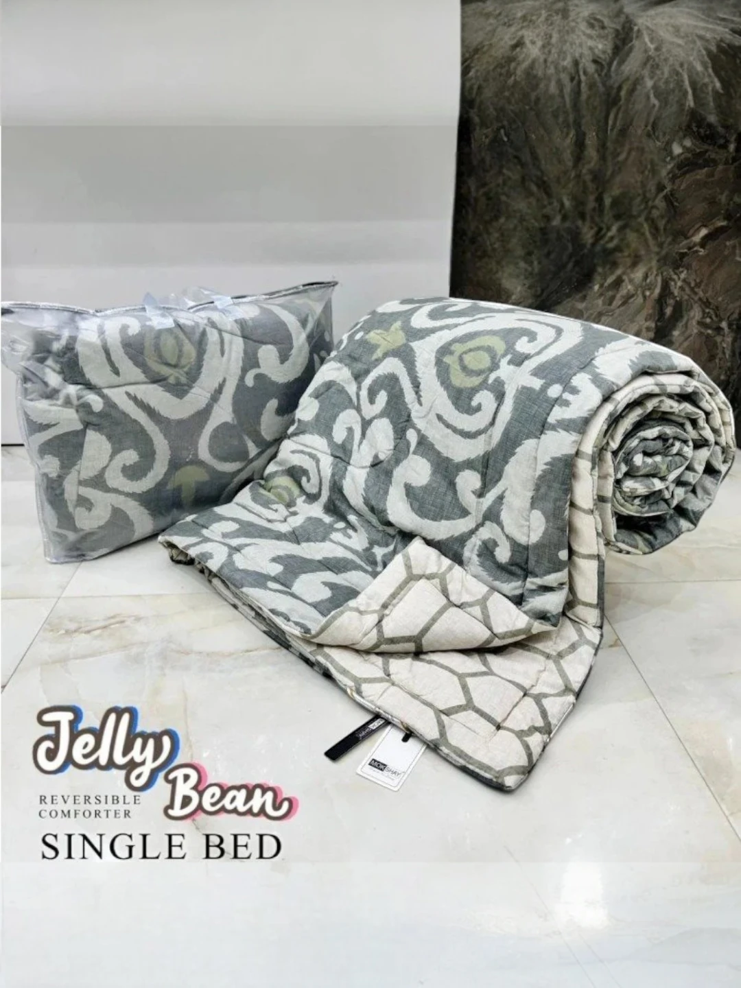 Gray Off-White Leaf Reversible Single Bed Comforter Grey