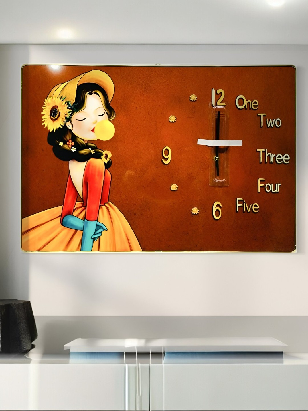 Home Decor Showpiece Wall Clock with Painting Brown