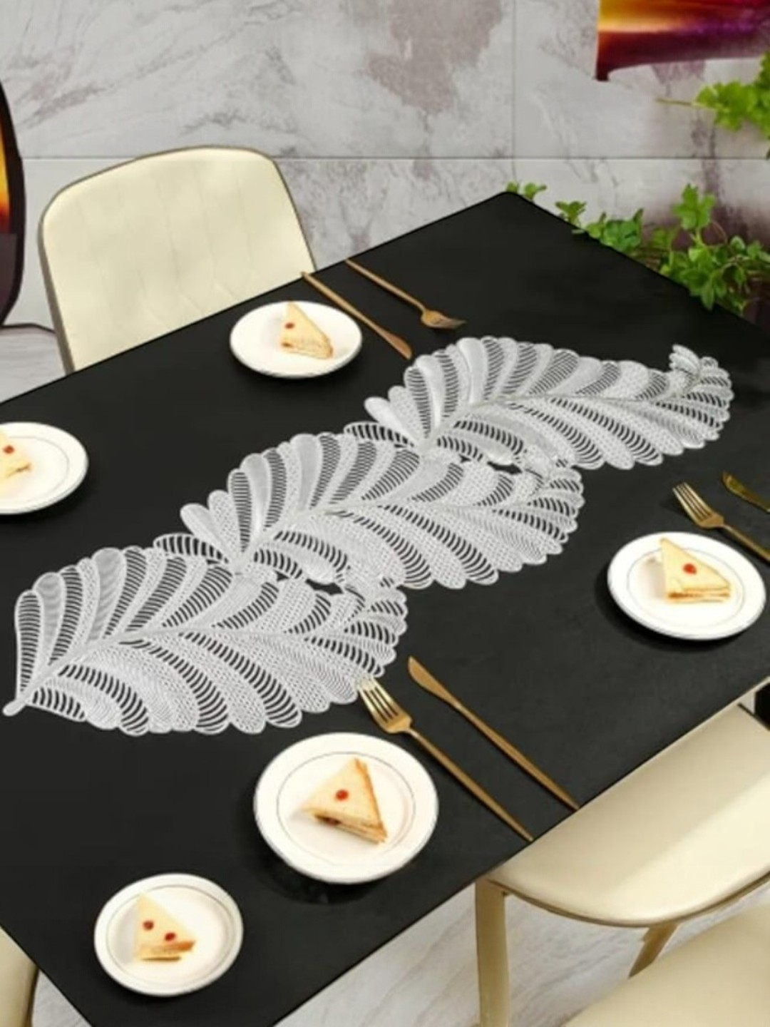 Leaves Lazor Cut Metallic Dining Table Runner Silver
