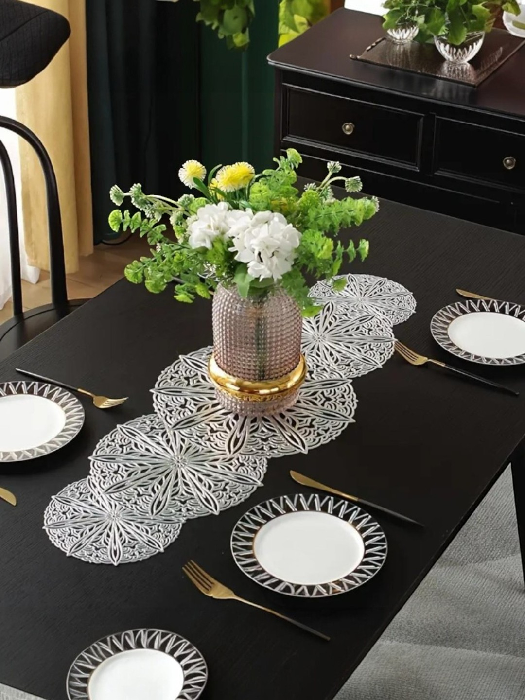 Mandala Cut Metallic Dining Table Runner Silver