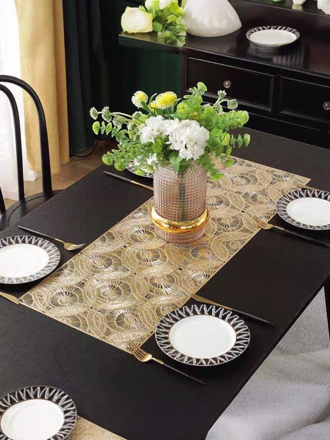 Circle Cut Metallic Dining Table Runner Gold