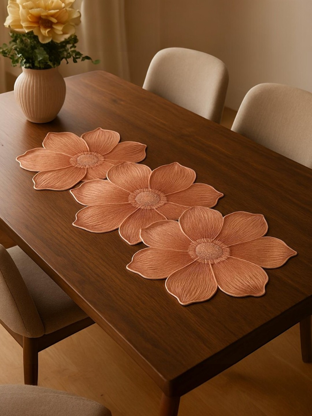 Flower Cut Metallic Dining Table Runner Red