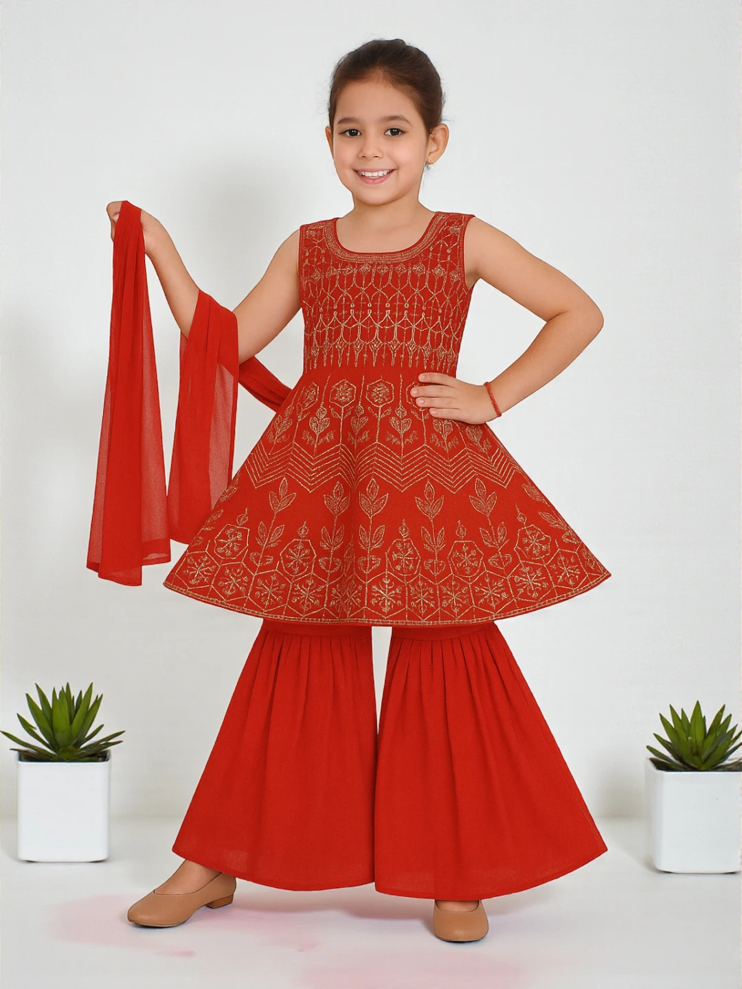 Girls' Georgette Kurta Red – Ready to Wear