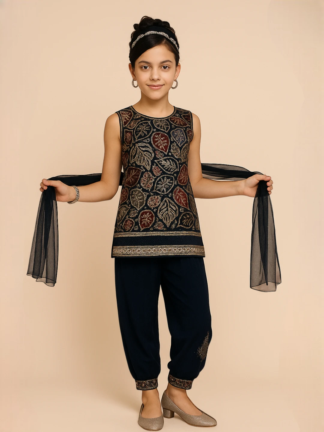 Girls' Georgette Patiala Suit Set Black – Paisley Print