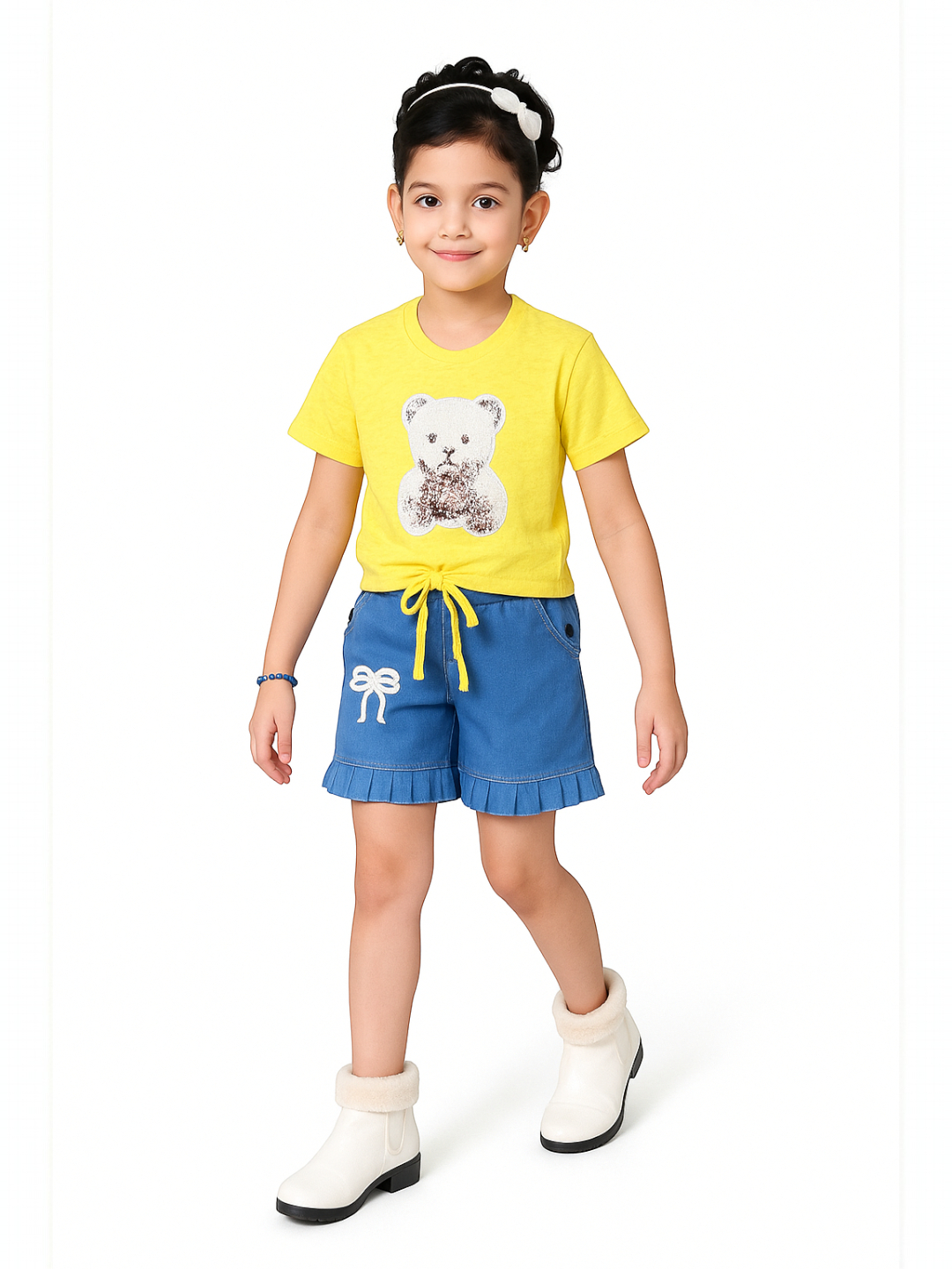 Girls' Premium Fabric Popcorn Clothing Set Yellow – Ready to Wear