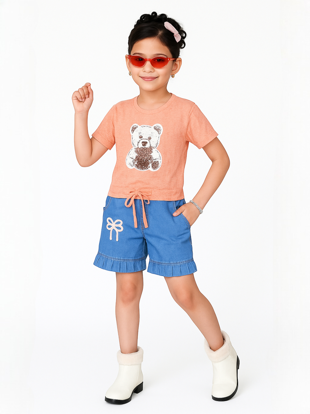 Girls' Premium Fabric Popcorn Clothing Set Peach – Ready to Wear