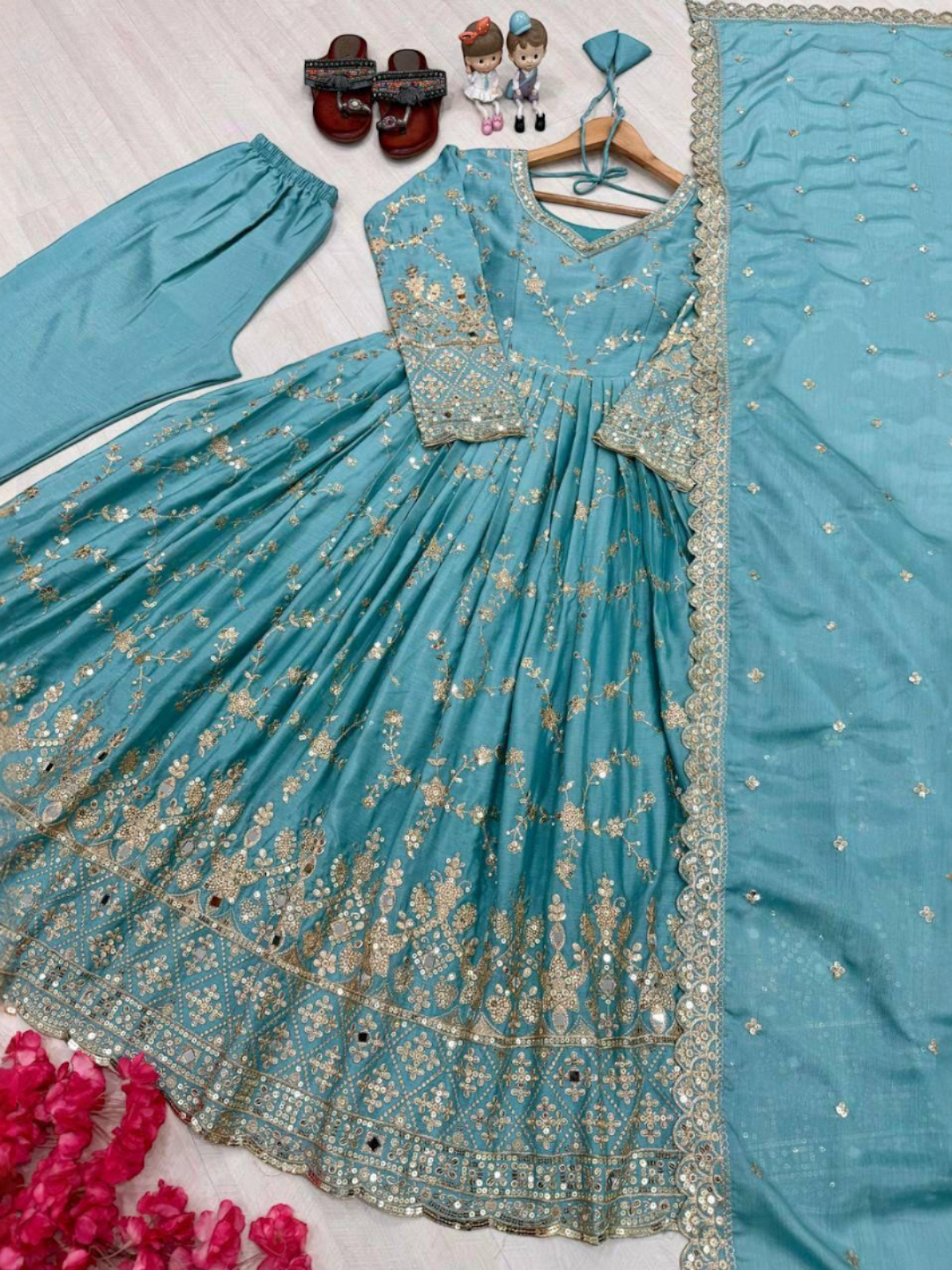 Women's Chinon Silk Kurta Set Sky Blue – Mirror Work