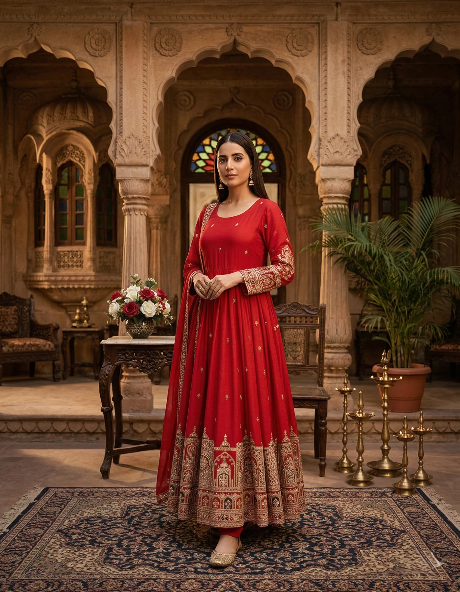 Women's Chinon Silk Gown Red – Embroidered