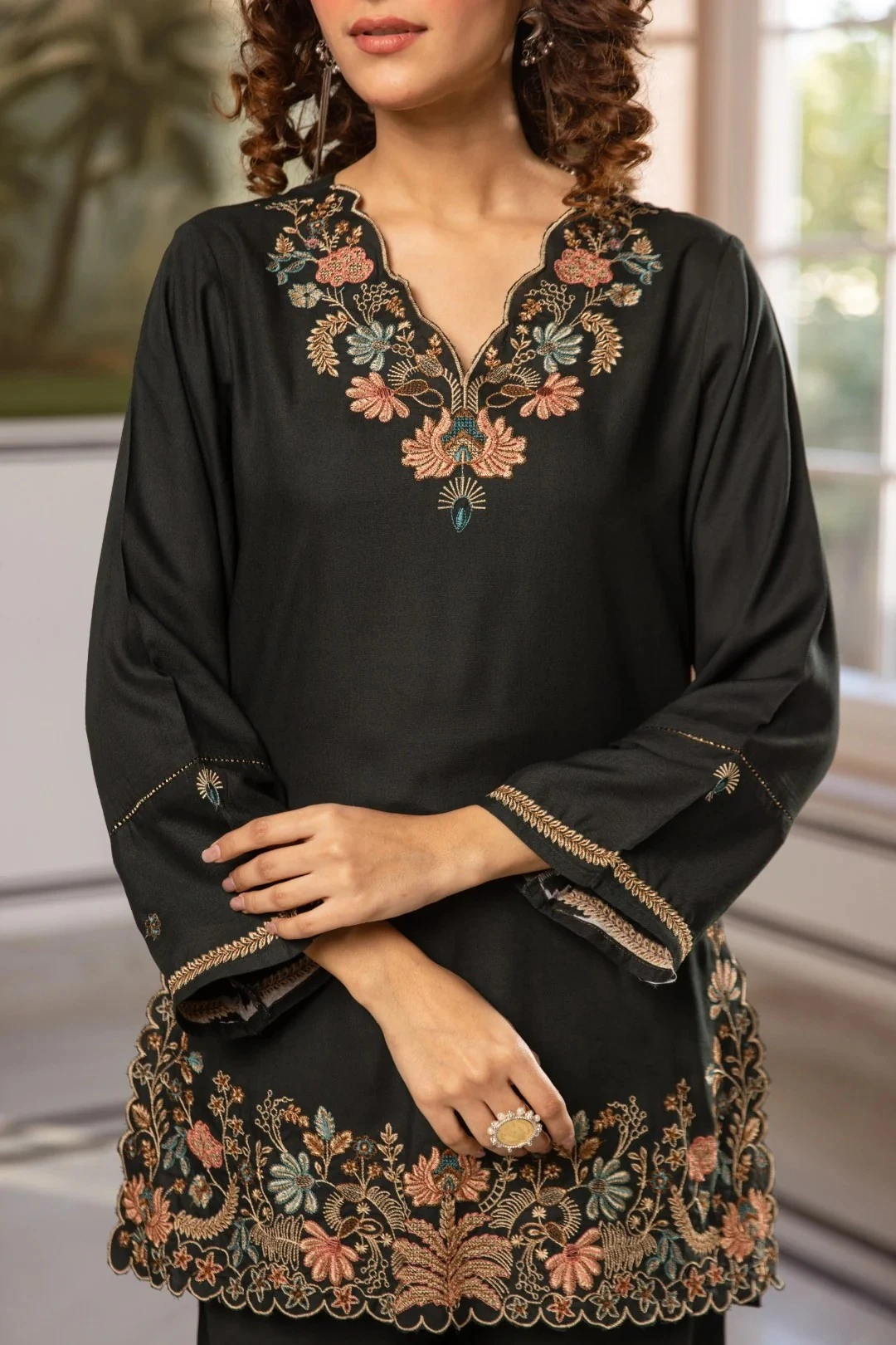 Black Embroidered Cotton Co-Ord Set